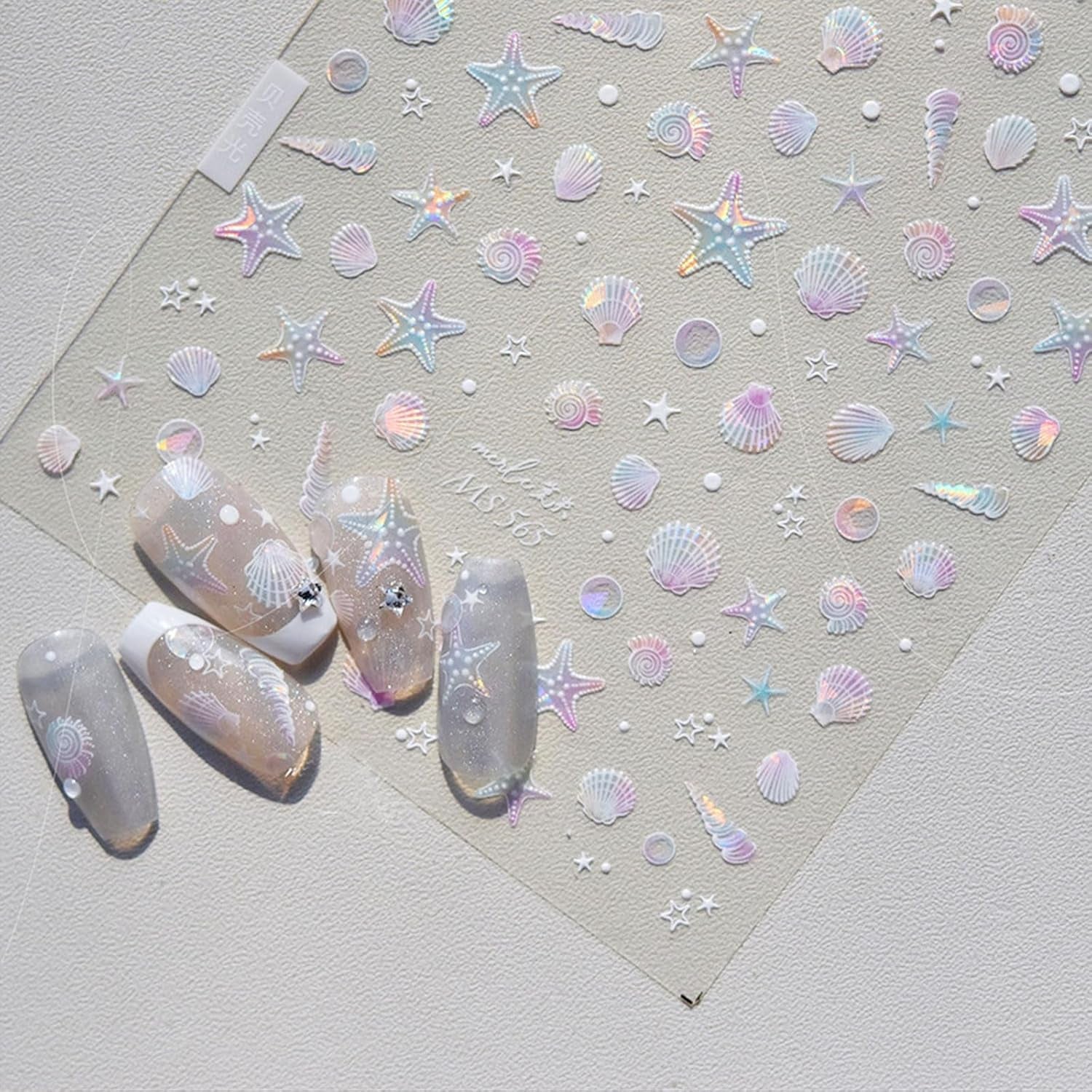 JMEOWIO 3D Nagelsticker Aurora Muschel Seestern Nail Art Sticker Selbstklebend Nagelaufkleber 5D Stereoskopisch Ozean Thema Decoratie Nageldesign Zubehör 1 Blatt