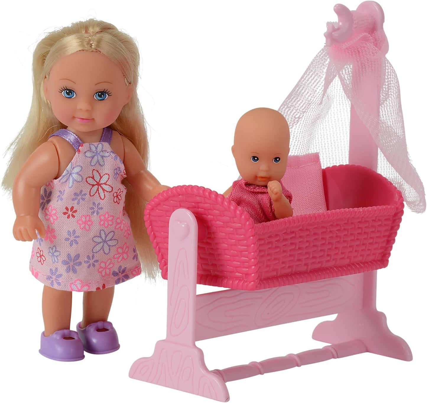 Simba 105736242 - Evi Love Doll Cradle 2 Assortiment Evi als oppas met wieg en babymodepop 12 cm voor 3 jaar en ouder