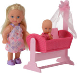 Simba 105736242 - Evi Love Doll Cradle 2 Assortiment Evi als oppas met wieg en babymodepop 12 cm voor 3 jaar en ouder