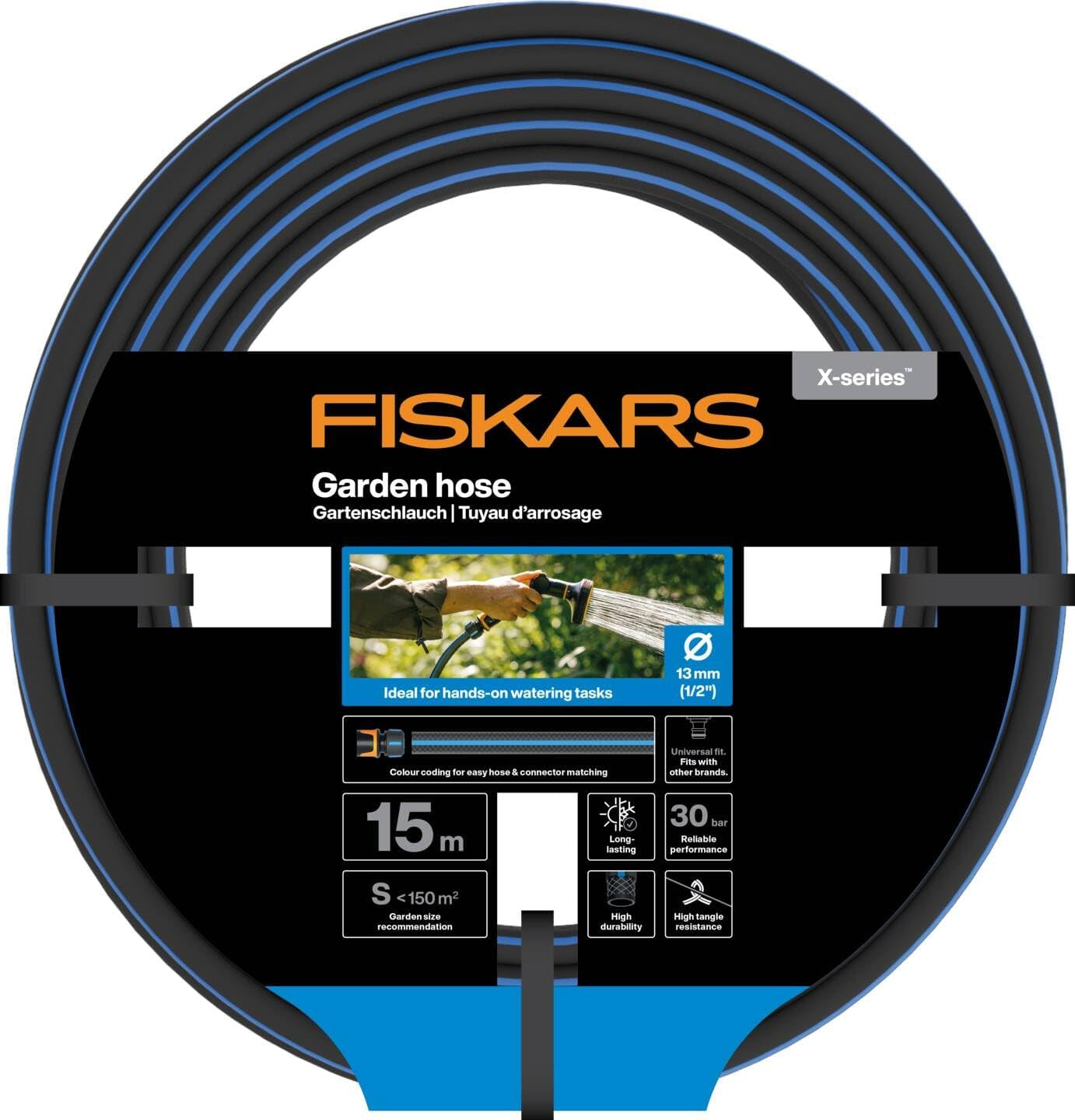 Fiskars S tuinslang, serie X, waterslang voor handmatige besproeiing, 13 mm (1/2"), lengte: 15 m, universele aansluiting, UV-bescherming, vorstbescherming, draaibestendig, blauw, 1076044