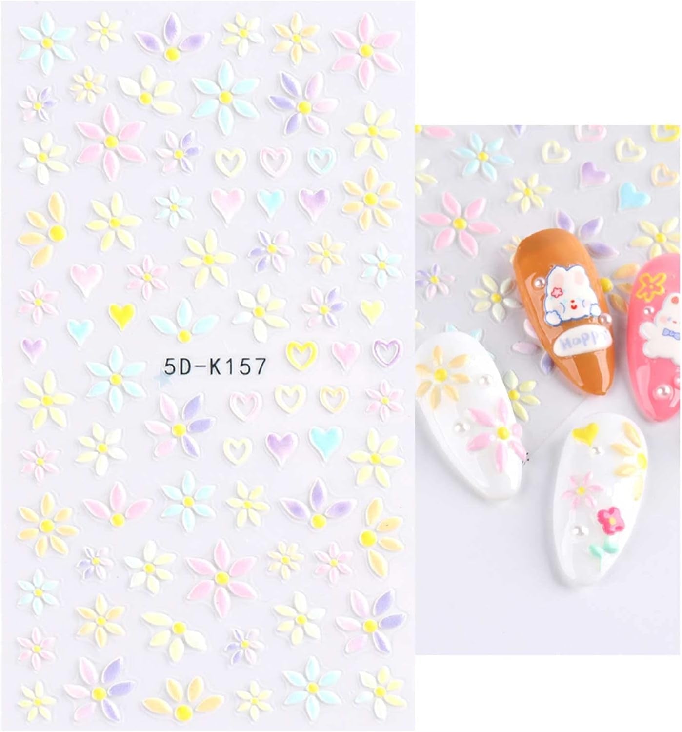 JMEOWIO 3D Nagelsticker Frühling Blumen 5 Blatt Nagelaufkleber 5D Stereoskopisch Selbstklebend Bunte Blüte Nail Art Sticker Decoratie Nageldesign Zubehör