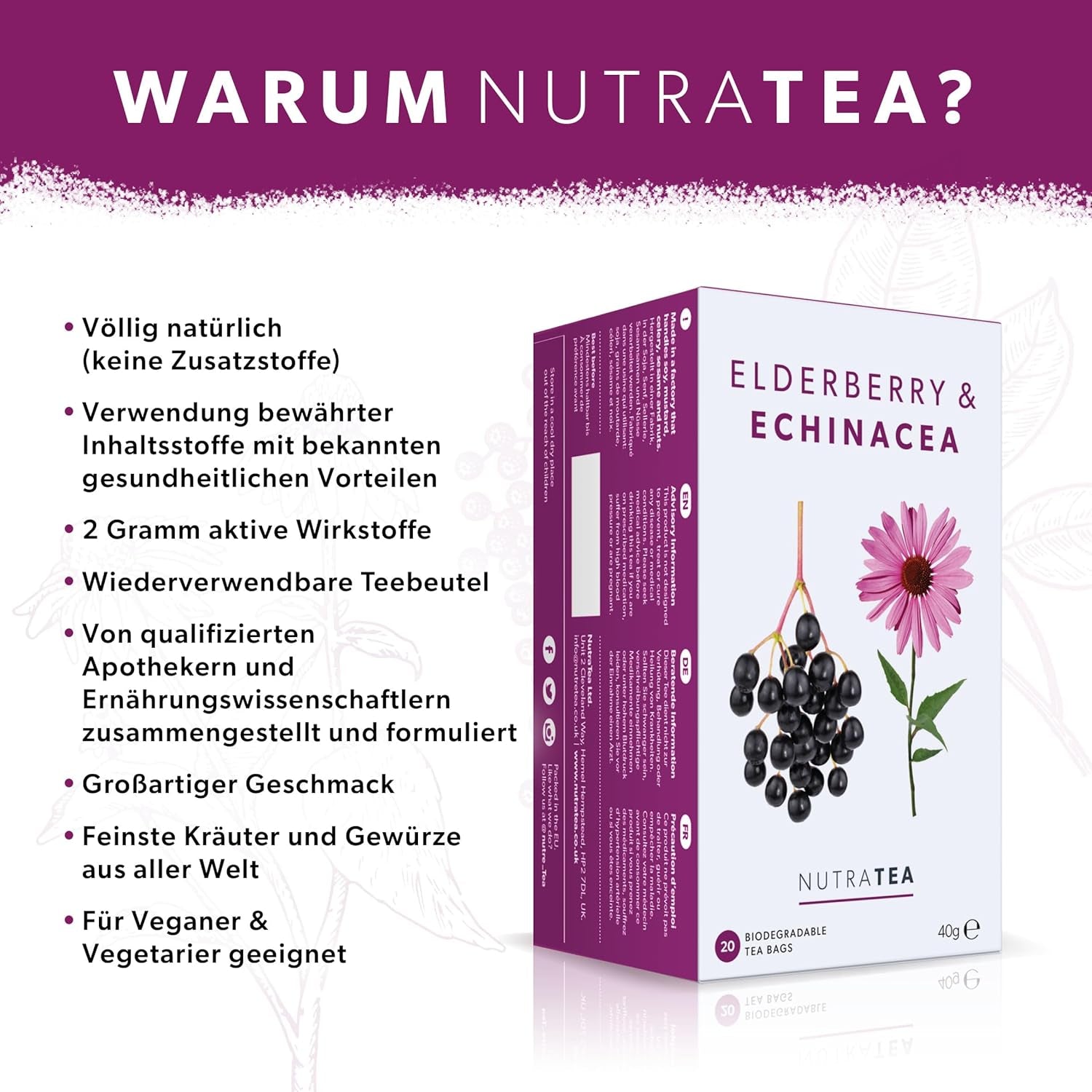 Nutra Tea Vlierbessen & Echinacea, Immuniteit & Verkoudheid Thee, Immuun Ondersteunende Thee, Koude Strijd, 20 Herbruikbare Theezakjes, Natuurlijke Kruidenthee