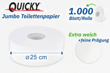 Quicky Jumbo 2-laags toiletpapier, 25 cm Ø, helderwit, reliëf met fijne stippen, 6 rollen - absorberend en scheurbestendig voor maximale hygiëne, ideaal voor openbare instellingen en industrie
