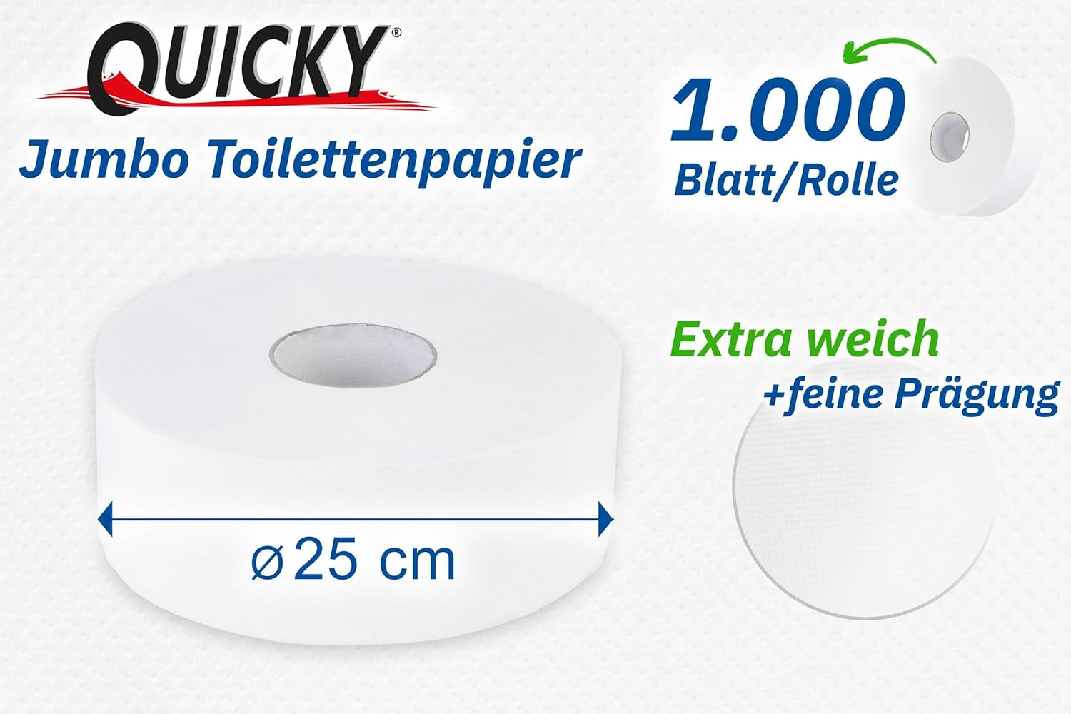 Quicky Jumbo 2-laags toiletpapier, 25 cm Ø, helderwit, reliëf met fijne stippen, 6 rollen - absorberend en scheurbestendig voor maximale hygiëne, ideaal voor openbare instellingen en industrie