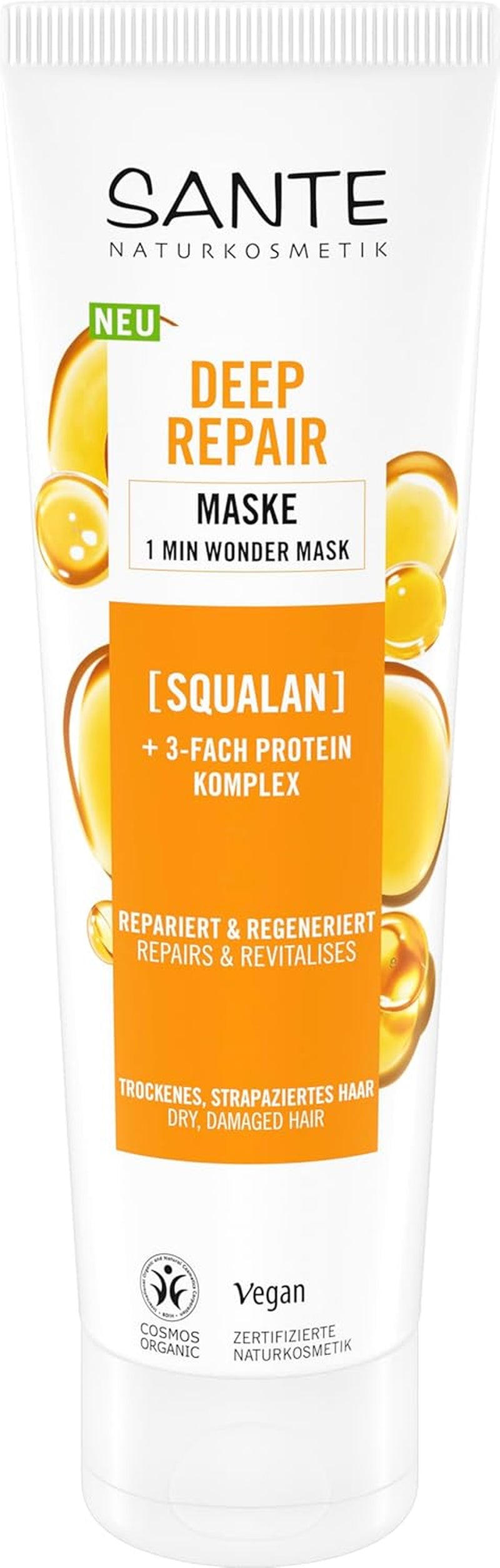 SANTE Natural Cosmetics Deep Repair Mask Squalane + 3x Protein Complex, veganistisch haarmasker voor intense hydratatie en flexibel haar, herstelt en regenereert beschadigd haar, 150 ml Naty Shop haarmasker