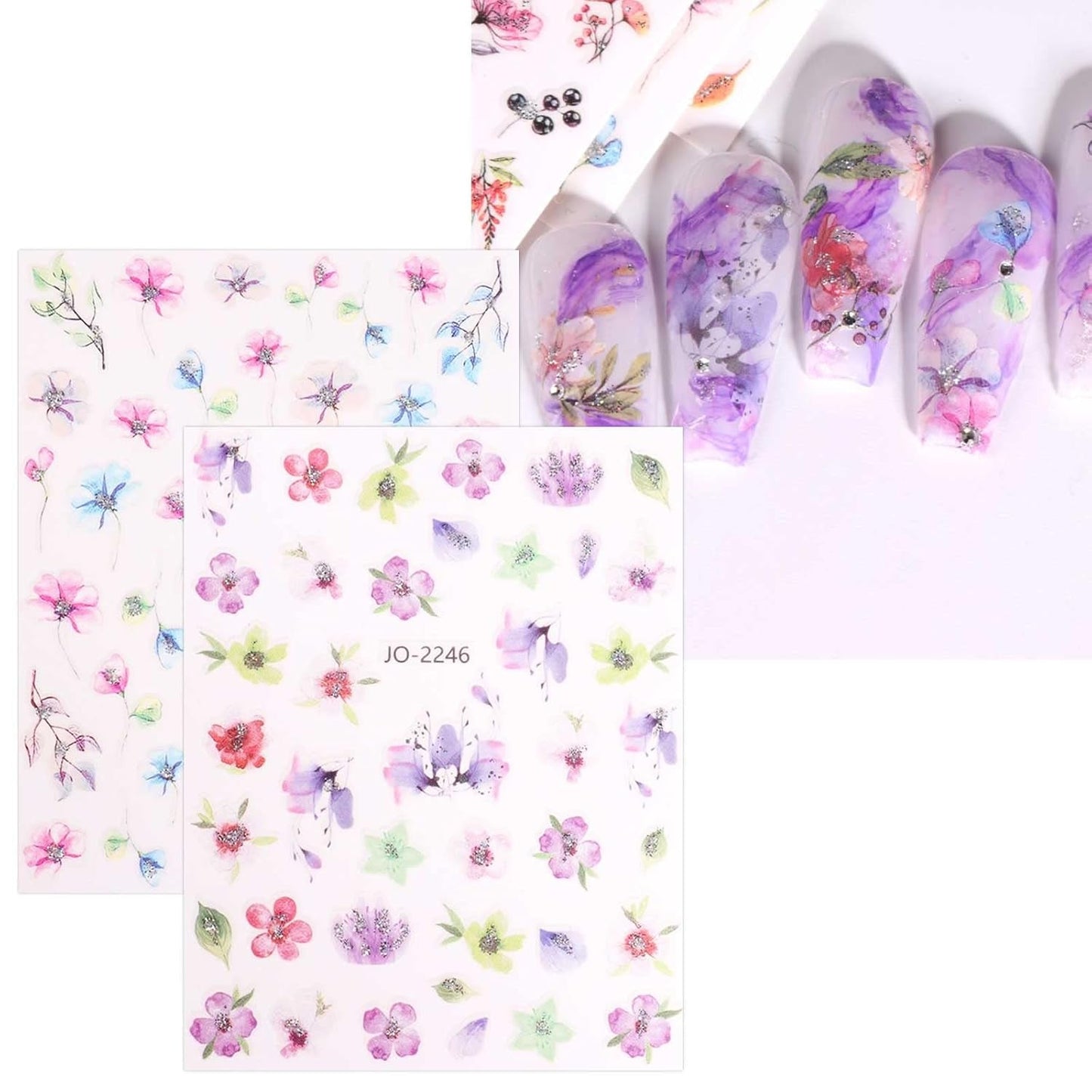 JMEOWIO Nagelsticker Frühling Blume 12 Blatt Nail Art Sticker Selbstklebend Nagelaufkleber Blätter Decoratie Nageldesign Zubehör