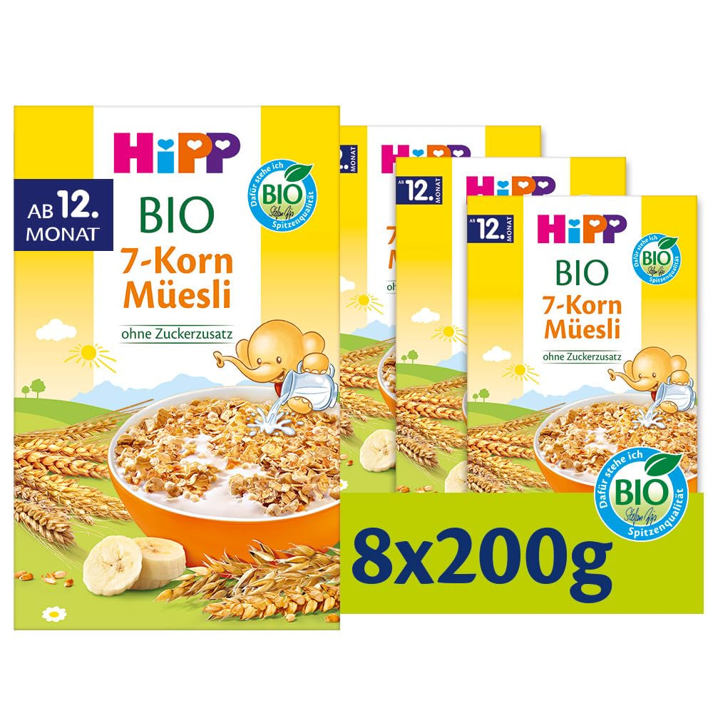 HiPP biologische muesli met 7 granen (8 x 200 g), vanaf 12 maanden, zonder toegevoegde suiker, extra fijne stukjes - gemakkelijk te kauwen, beste biologische kwaliteit
