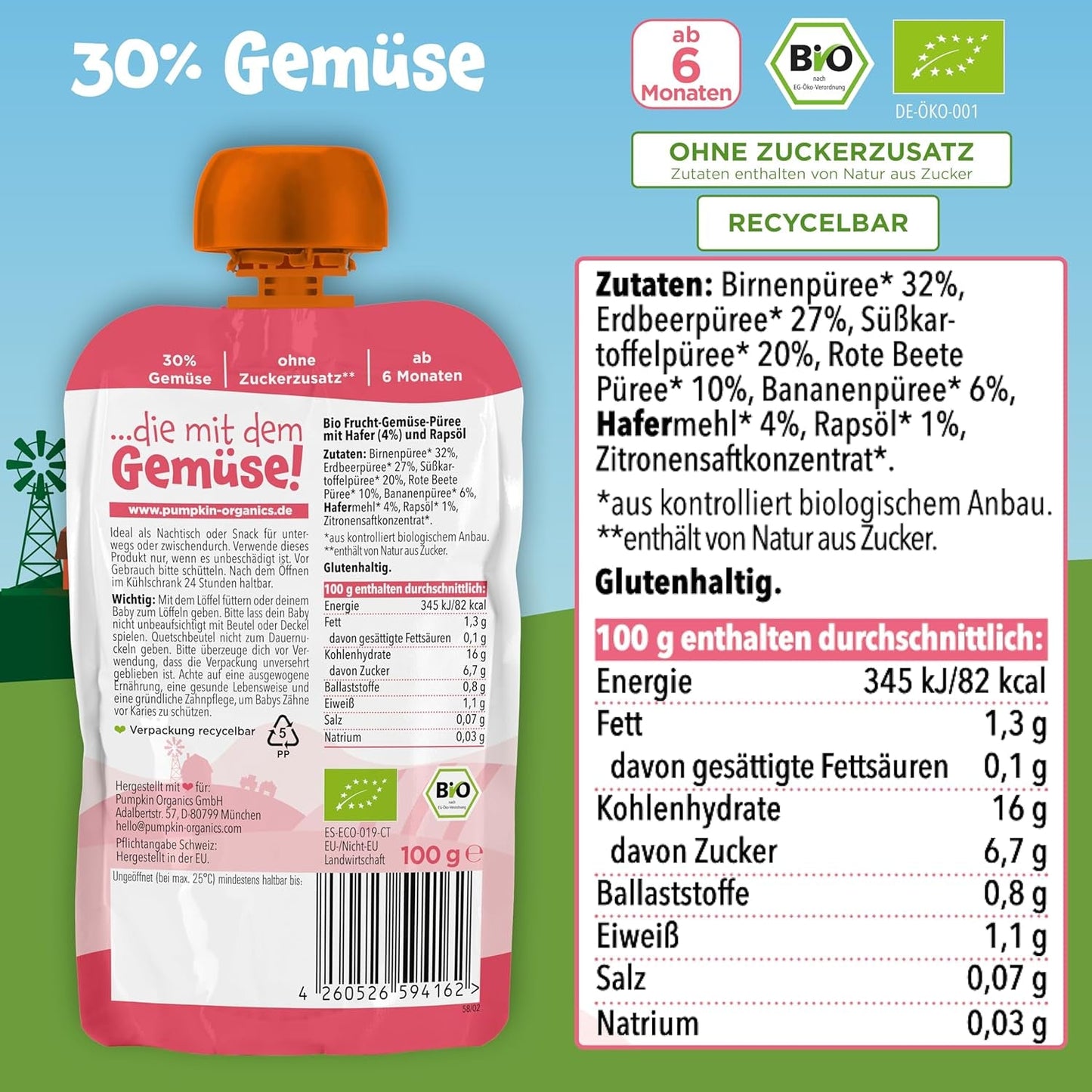Pumpkin Organics zakjes biologische groenten en granen, pakje van 8: Peer, Aardbeien, Zoete aardappelen, Rode Biet, Banaan, Haver - Geen toegevoegde suiker¹ - Vanaf 6 maanden - als tussendoortje of aanvullend voedsel in de verpakking (8 x 100g)