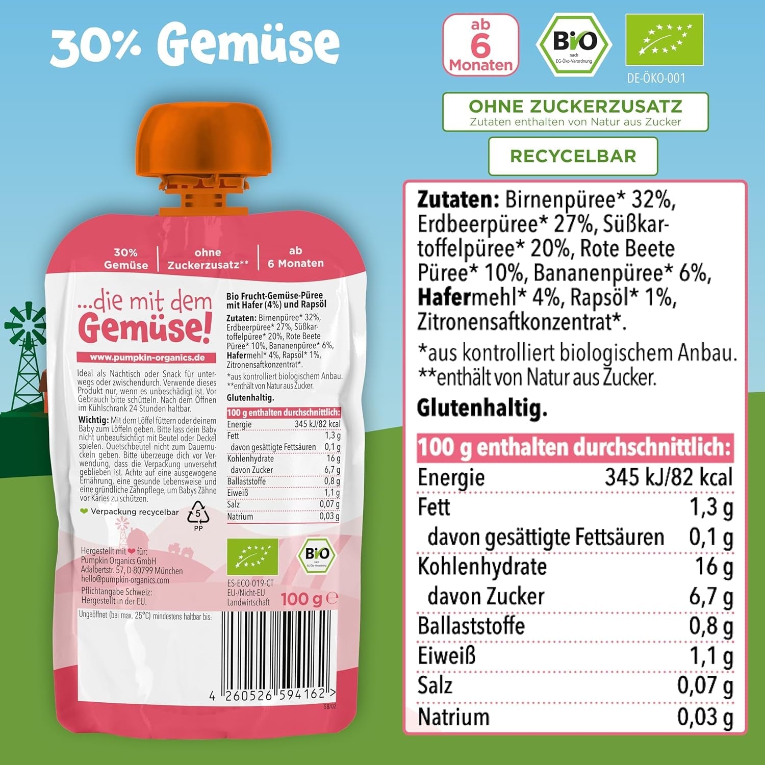 Pumpkin Organics zakjes biologische groenten en granen, pakje van 8: Peer, Aardbeien, Zoete aardappelen, Rode Biet, Banaan, Haver - Geen toegevoegde suiker¹ - Vanaf 6 maanden - als tussendoortje of aanvullend voedsel in de verpakking (8 x 100g)