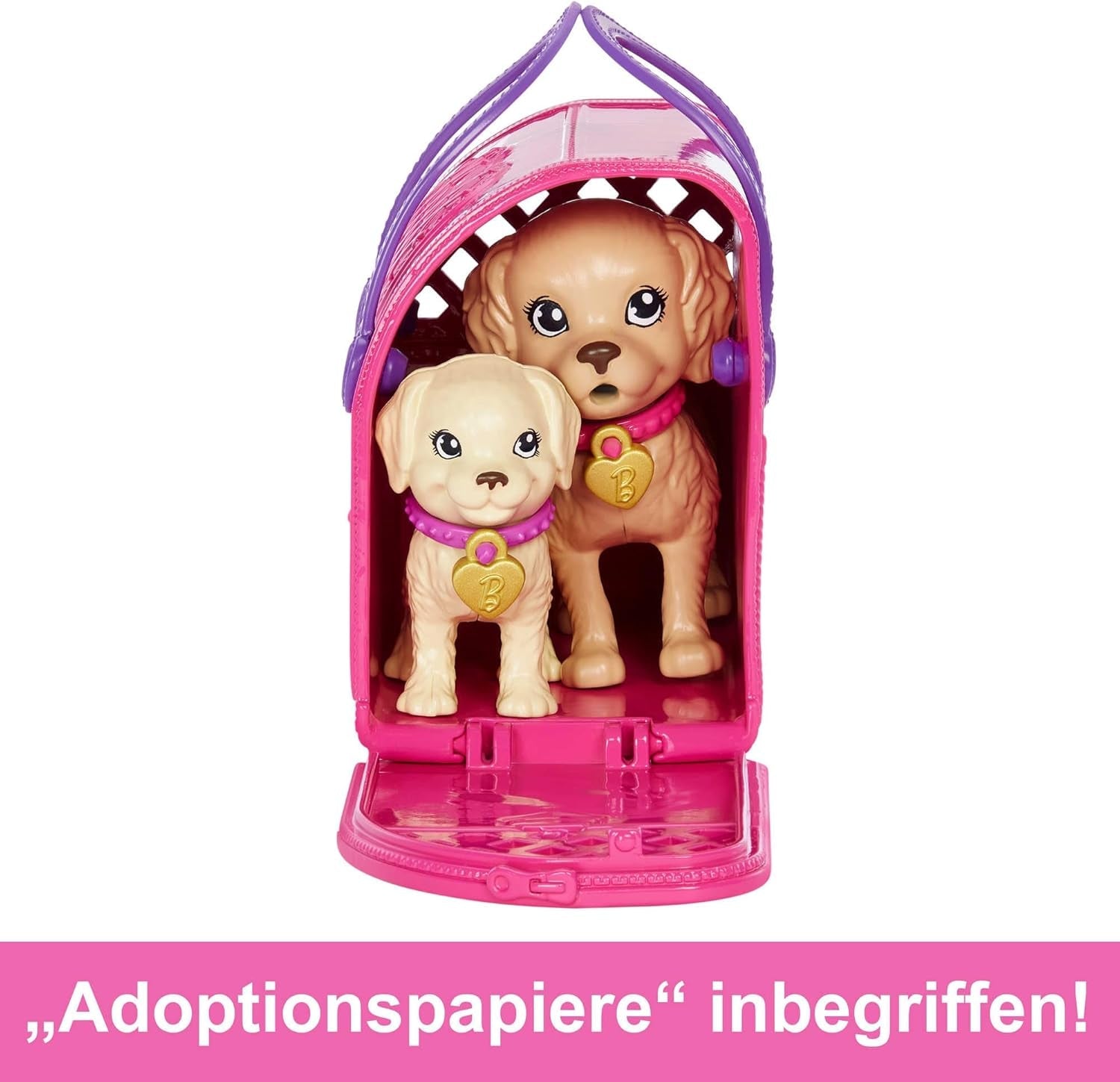 Adoptie Barbie Puppy - Pop en 2 puppy's, met adoptiecertificaten, kleurwisseleffect, kooi en accessoires, voor kinderen van 3 jaar en ouder, HKD 86