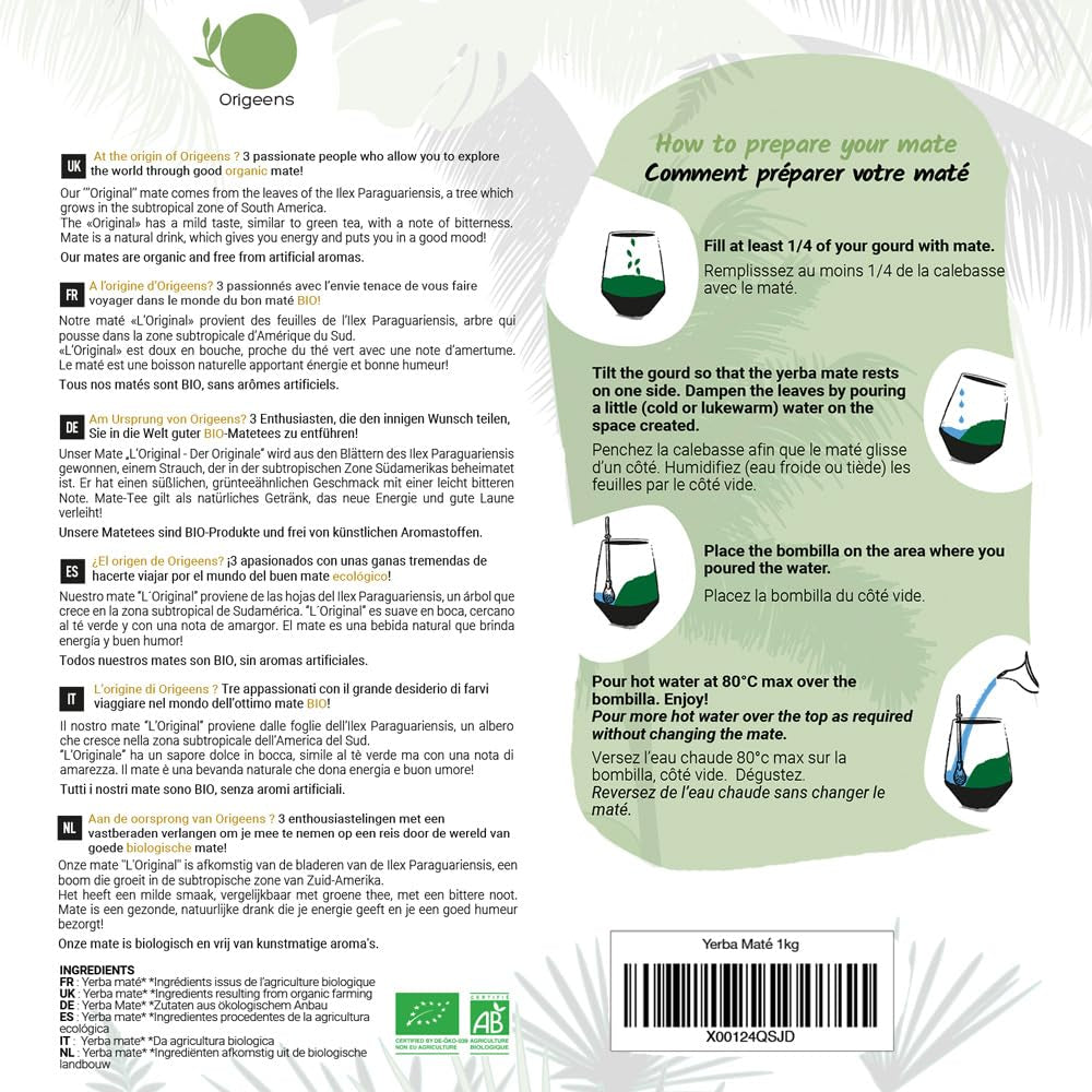 ORIGEENS BIO YERBA MATE THEE 1 KG - The Original I Ongebrand, bladeren, zonder stengels, stof en kruimels I Energieke en ontgiftende drank