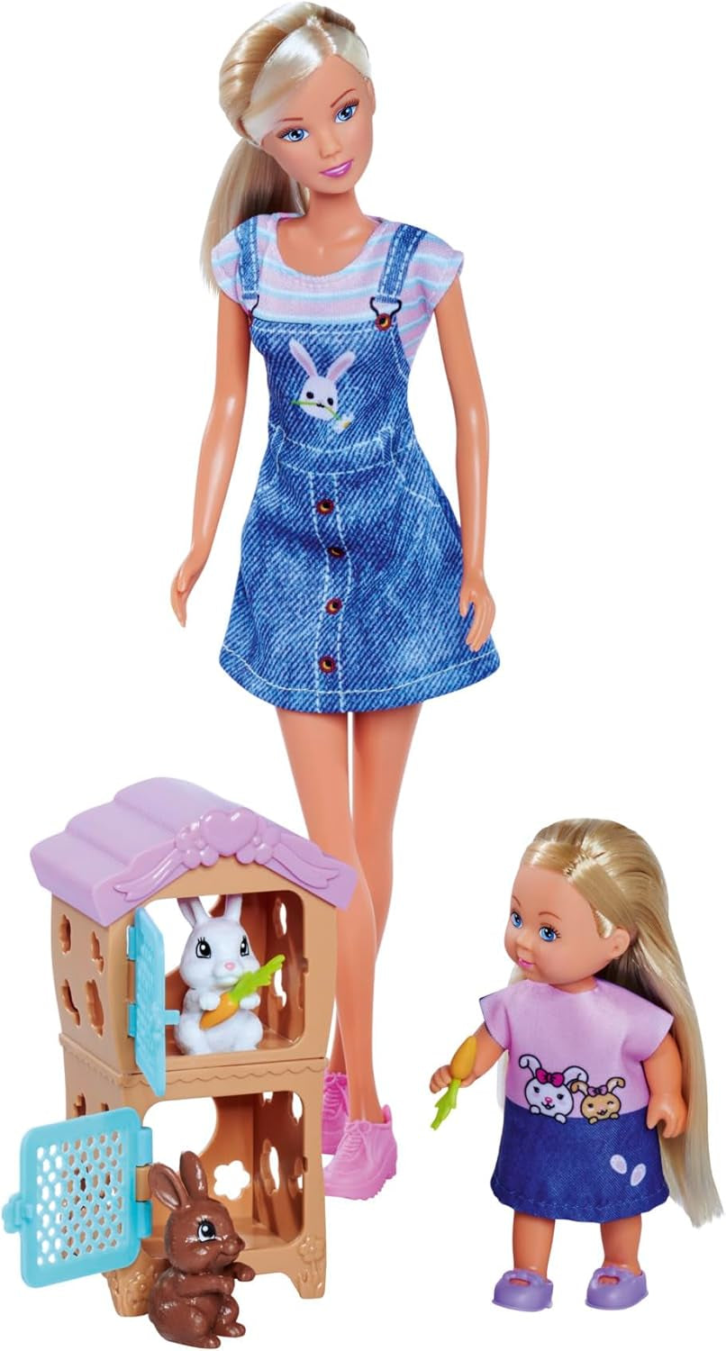 Simba Steffi Love Rabbit Family 12cm 29cm konijnenkooi speelpop en pop met twee konijnen, vanaf 3 jaar