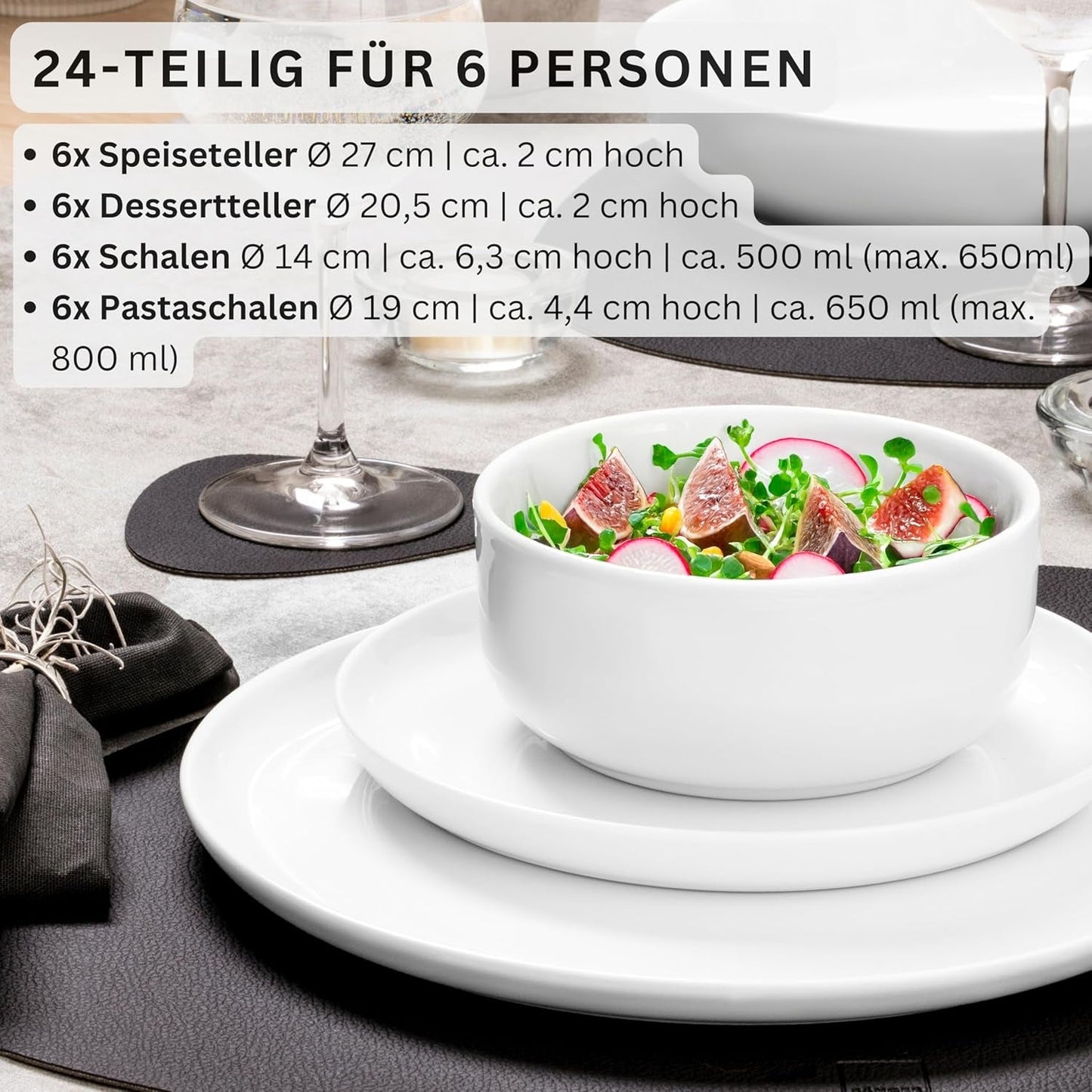 ZANGER | Marlo White Serviesset 24-delige Serviesset voor 6 personen met dessertborden, dinerborden, schalen en mueslischalen Porseleinen dinerbordenset Serviesgoed Modern design PREMIUM COLLECTIE
