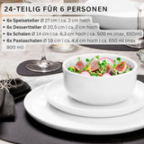 ZANGER | Marlo White Serviesset 24-delige Serviesset voor 6 personen met dessertborden, dinerborden, schalen en mueslischalen Porseleinen dinerbordenset Serviesgoed Modern design PREMIUM COLLECTIE
