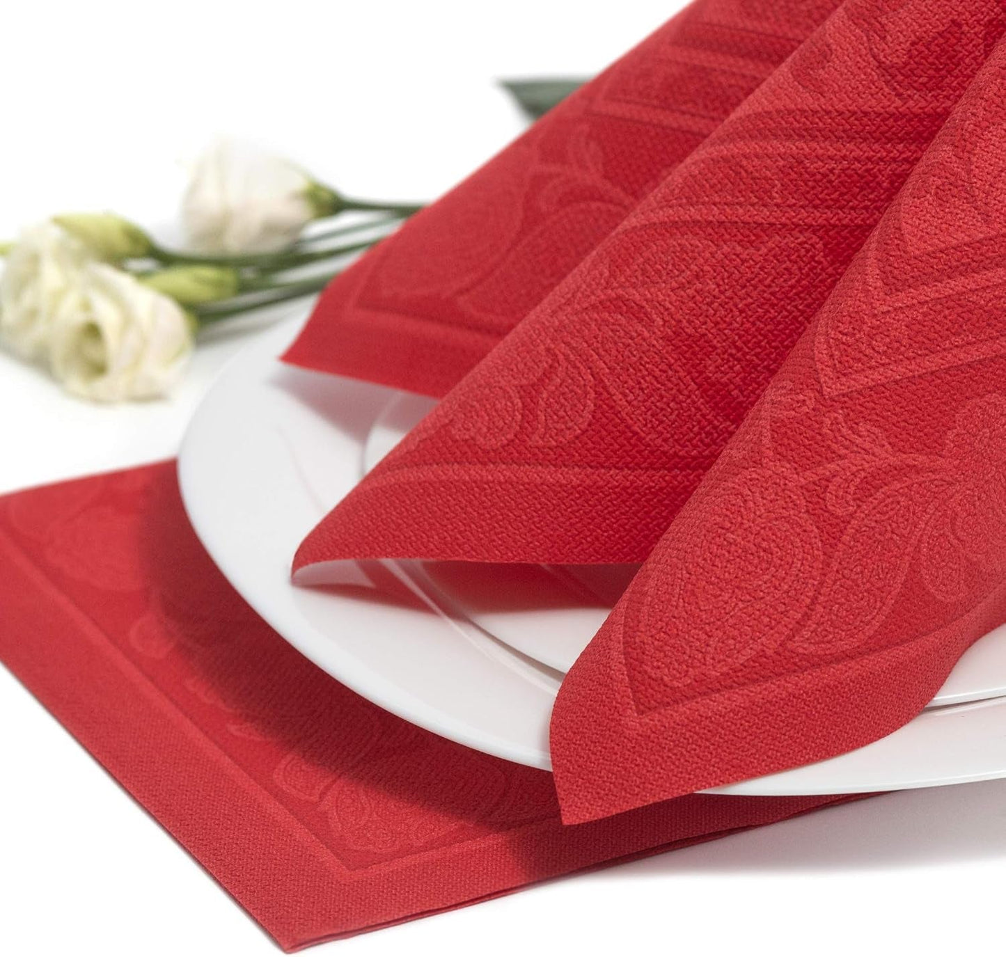 50 Premium Servetten "ROYAL Collection" 1/4-vouw 40 Cm X 40 Cm Rood Hoge Kwaliteit "Ornamenten" (Pak van 2)