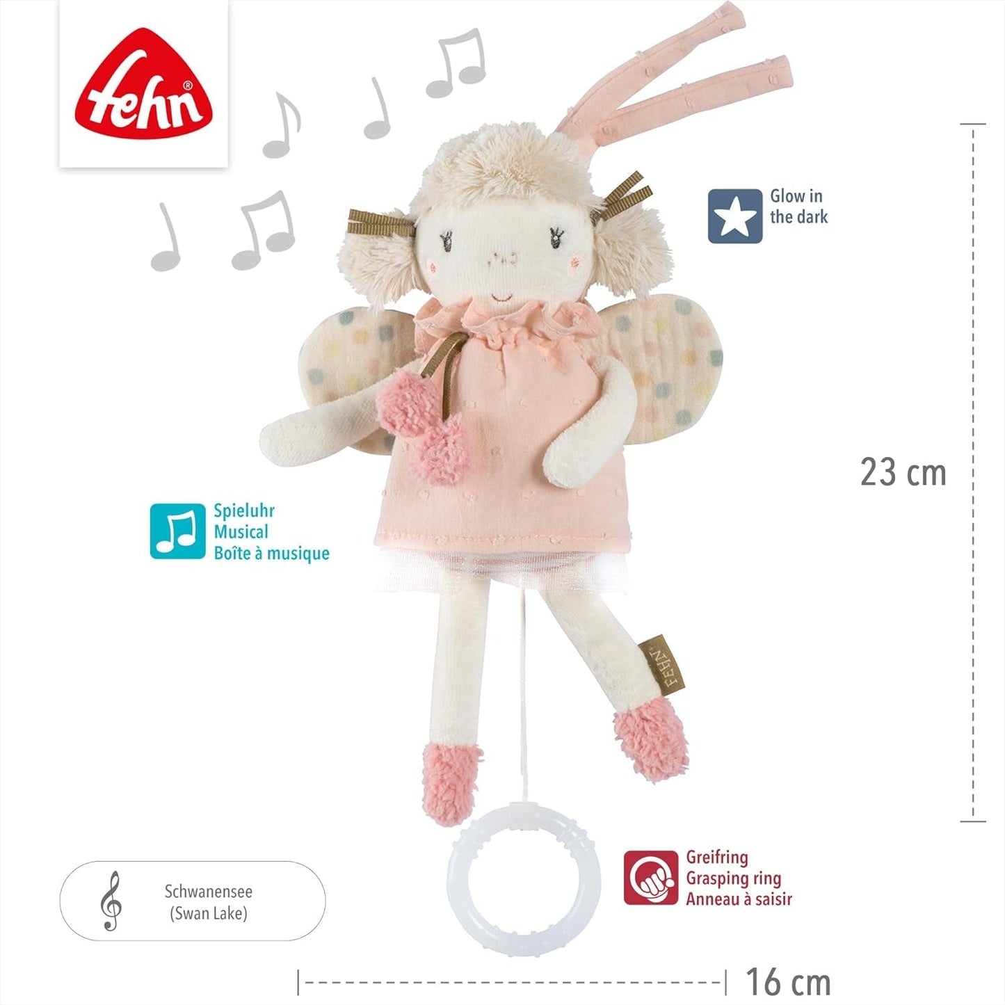 Fehn mini muziekdoosfee - knuffel en slaaphulpje: opwindbare muziekdoos met de zachte melodie "Zwanenmeer" kalmeert in elke situatie - voor baby's en peuters vanaf 0+ maanden Speelgoed Bebe Naty Shop