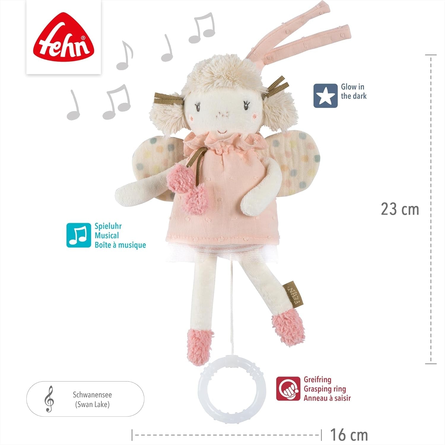 Fehn mini muziekdoosfee - knuffel en slaaphulpje: opwindbare muziekdoos met de zachte melodie "Zwanenmeer" kalmeert in elke situatie - voor baby's en peuters vanaf 0+ maanden Speelgoed Bebe Naty Shop