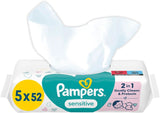 Pampers Sensitive Feuchttücher 5 Packungen Mit 52 Stück - 260 Fechttücher, Ohne Duft, Für Eine Sanfte en Weiche Reinigung Naty Shop 260 Stück