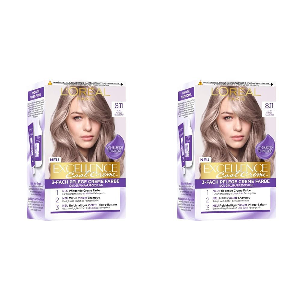 L'Oréal Paris Permanent Hair Colour Kleurresultaat, 100% dekking van grijs haar, set met kleurstof, shampoo en verzorgende crème, Excellence Cool Creme, nr. 8.11 Ultra Cool Light Blonde (Blond) (2 Pack) Naty Shop Haarverf Standaardtitel