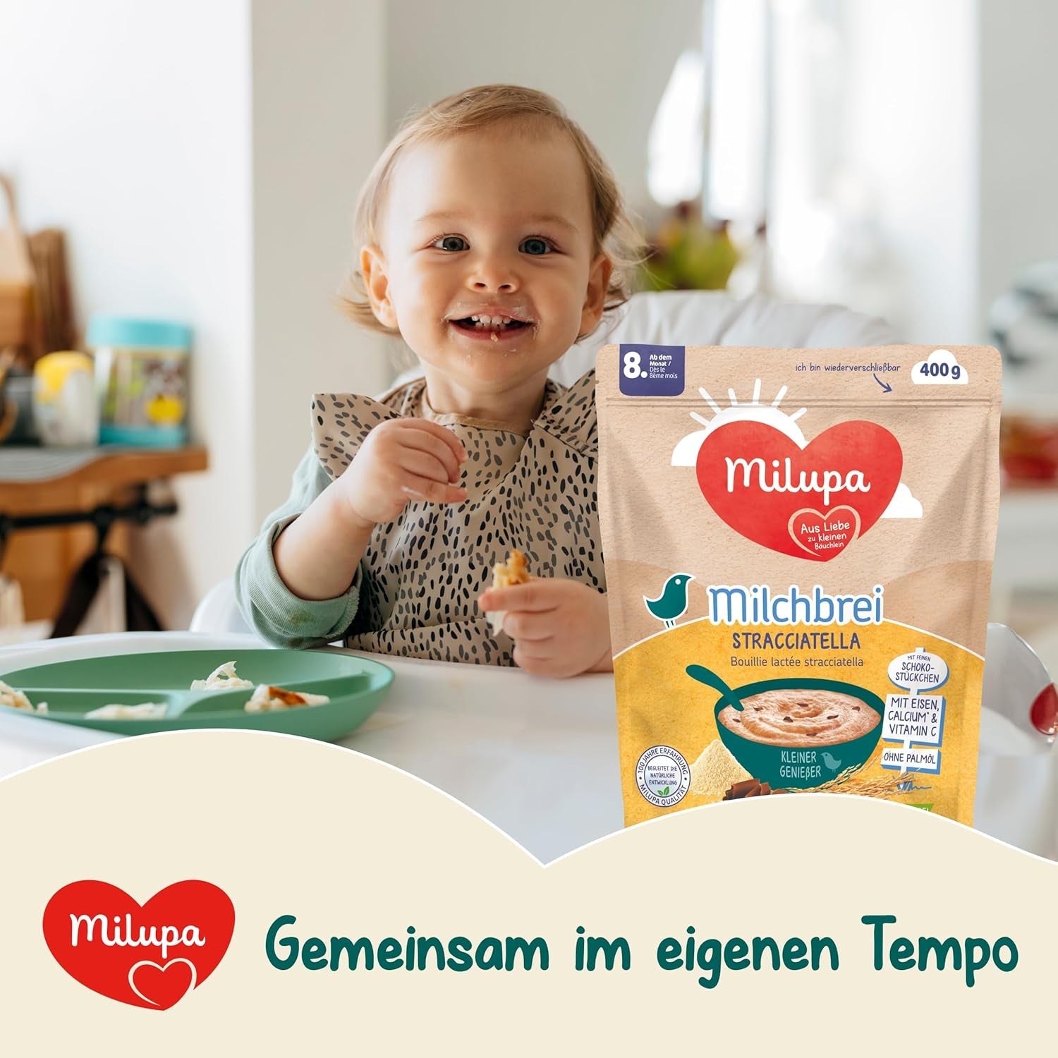 Milupa Stracciatella Melkpap - Glutenvrije, palmolievrije babygranen - Vrij van bewaarmiddelen en kleurstoffen - Vanaf 8 maanden - 4 x 400 g