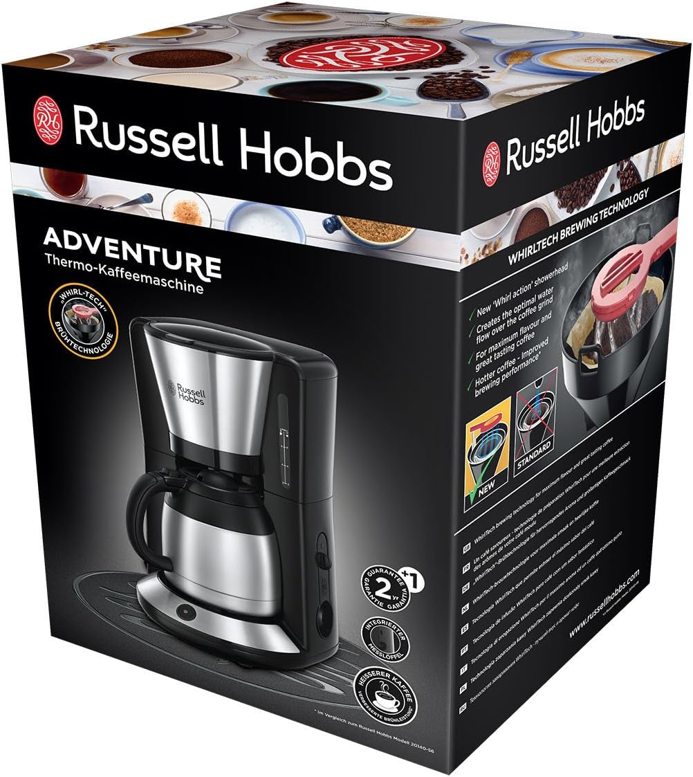 Russell Hobbs Koffiezetapparaat [Douchekop voor optimale extractie en aroma] Adventure (1 tot 8 kopjes, 1,0 liter thermische karaf, automatische uitschakeling, antidruppelsysteem, 1100 W) Filterkoffiezetapparaat 24020-56