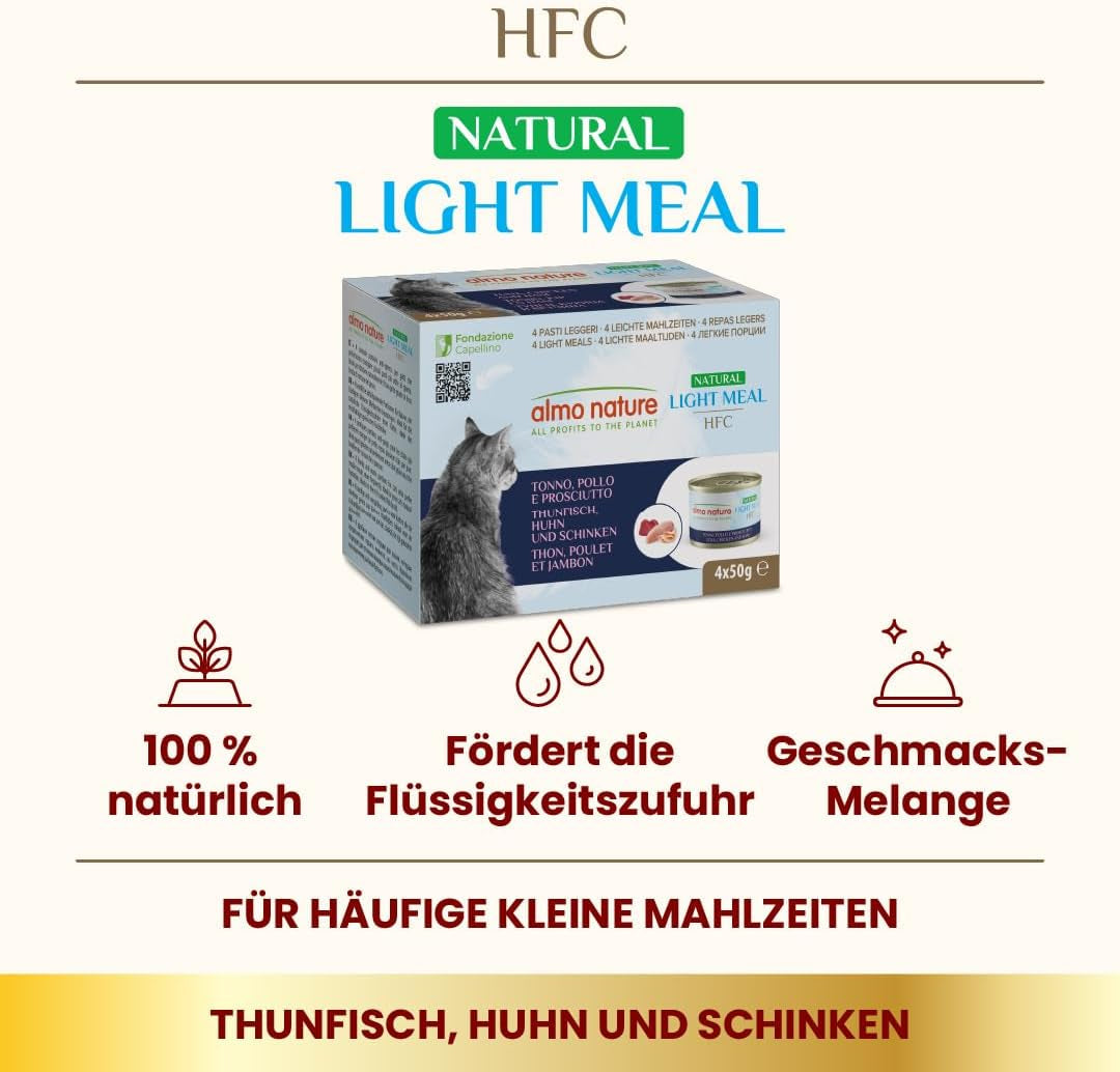 Almo Nature HFC Natuurlijke lichte maaltijd - Nassfutter für Katzen - Thunfisch, Huhn & Schinken - Menselijke kwaliteit, glutenvrij - 50 g, 4er-pakket