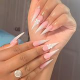 Mouyuglow Lange nagels Stiletto Melkwit Gradiënt Roze Glitter Cool Nepnagels met lijm Roze Ombre Glitter Kunstnagels