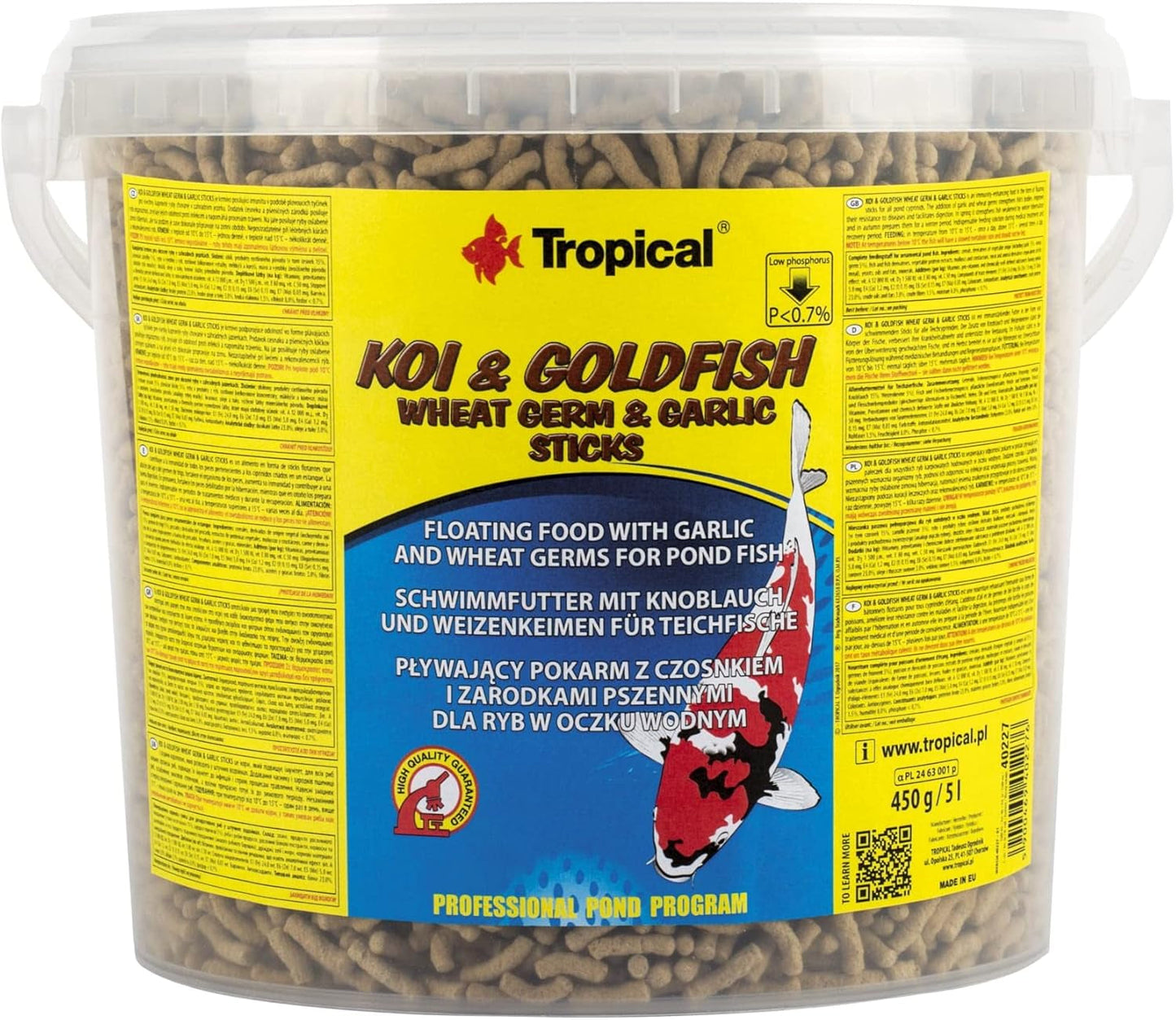 Tarwekiemen- en knoflooksticks KOI&Goldfish 5L / 430g - Vijvervisvoer voor de dagelijkse voeding van koivissen in een breed temperatuurbereik van 8 tot 30°C