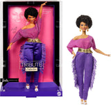 Barbie Signature Debbie Allen Tribute Collection-pop in off-shoulder top, gouden riem en paarse broek en legging met franjes, JBJ24