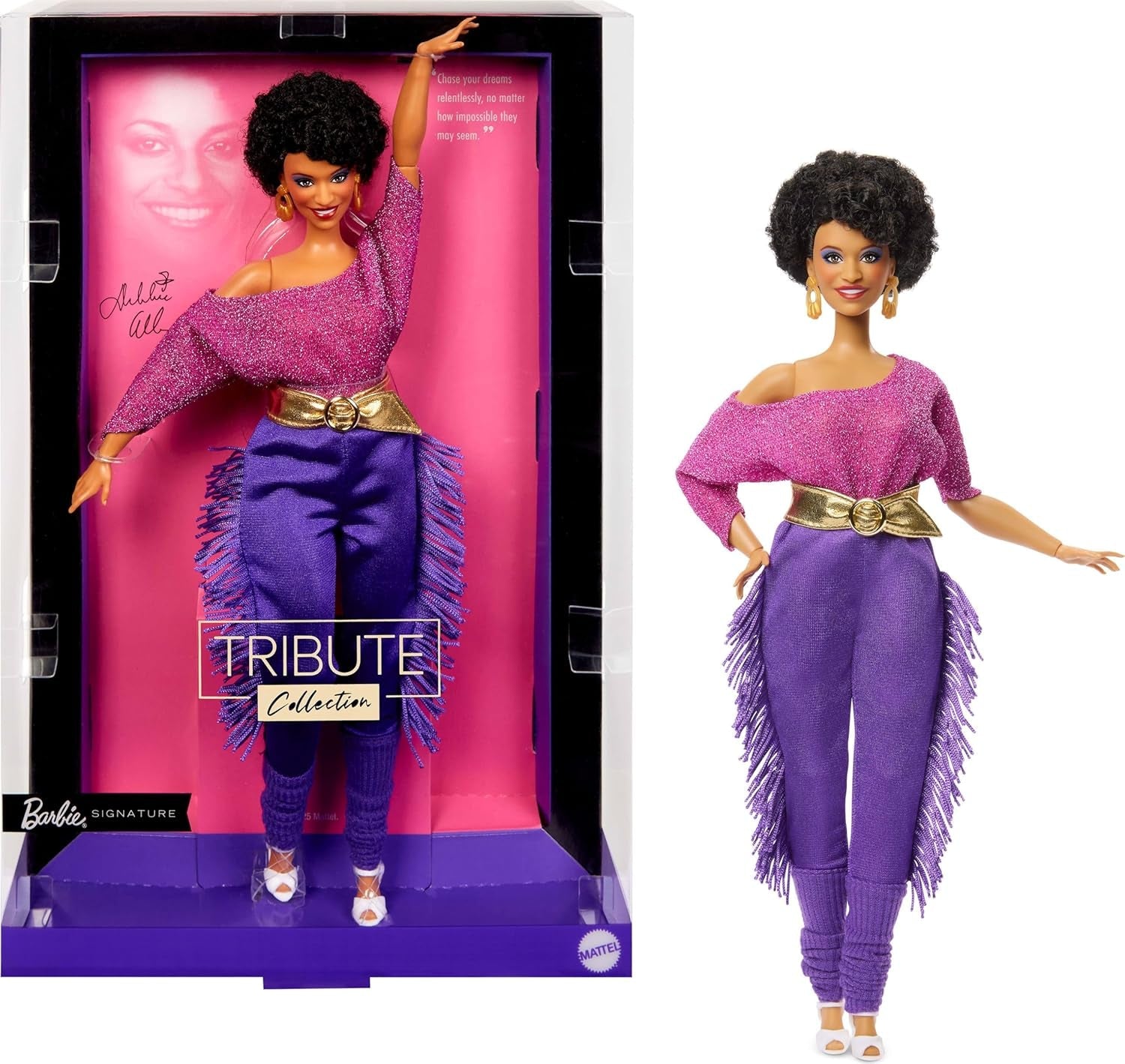 Barbie Signature Debbie Allen Tribute Collection-pop in off-shoulder top, gouden riem en paarse broek en legging met franjes, JBJ24