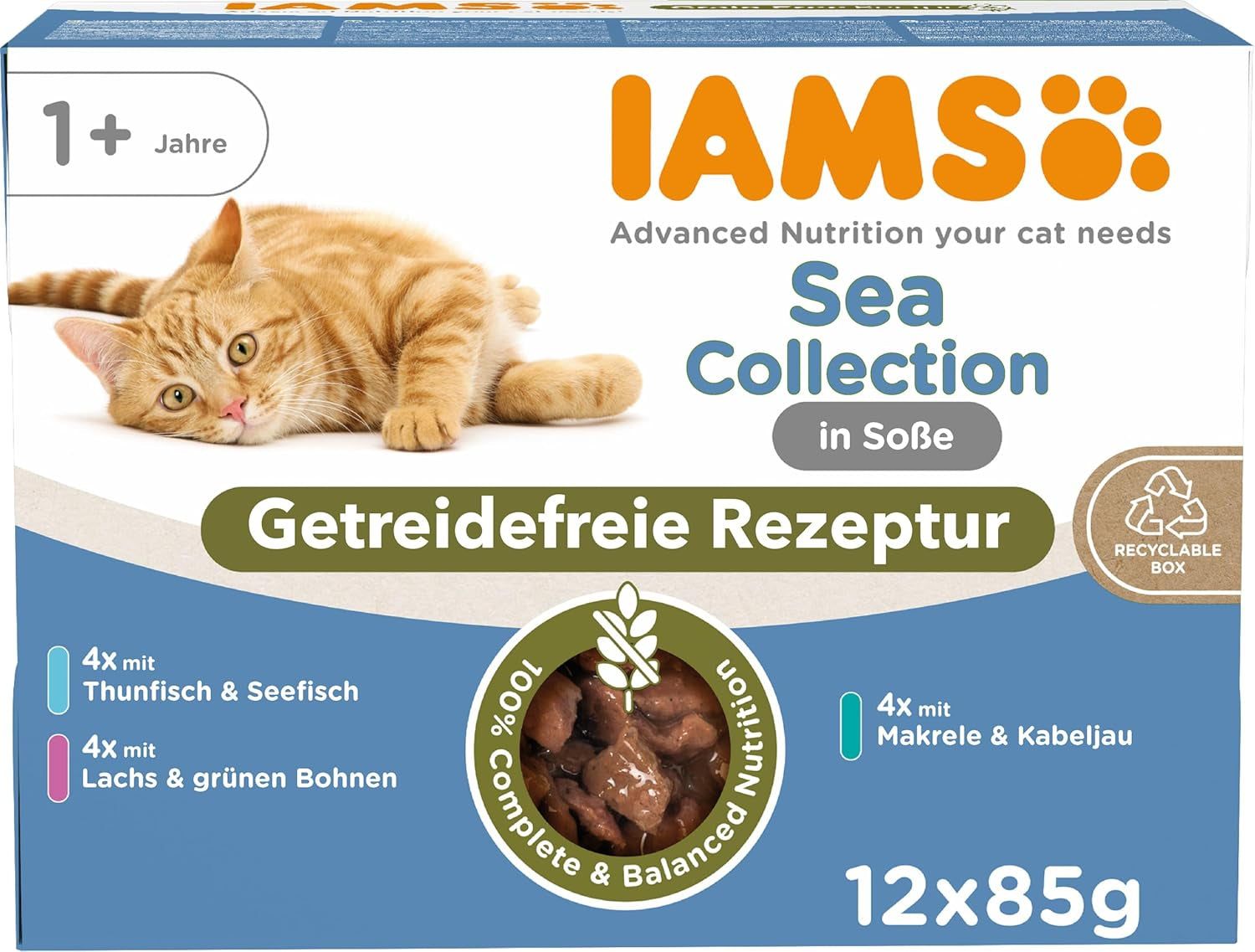 IAMS Delights Sea Collection Graanvrij nat kattenvoer - Multipack met verscheidenheid aan vis in saus, graanvrij natvoer voor katten vanaf 1 jaar, 12 x 85 g