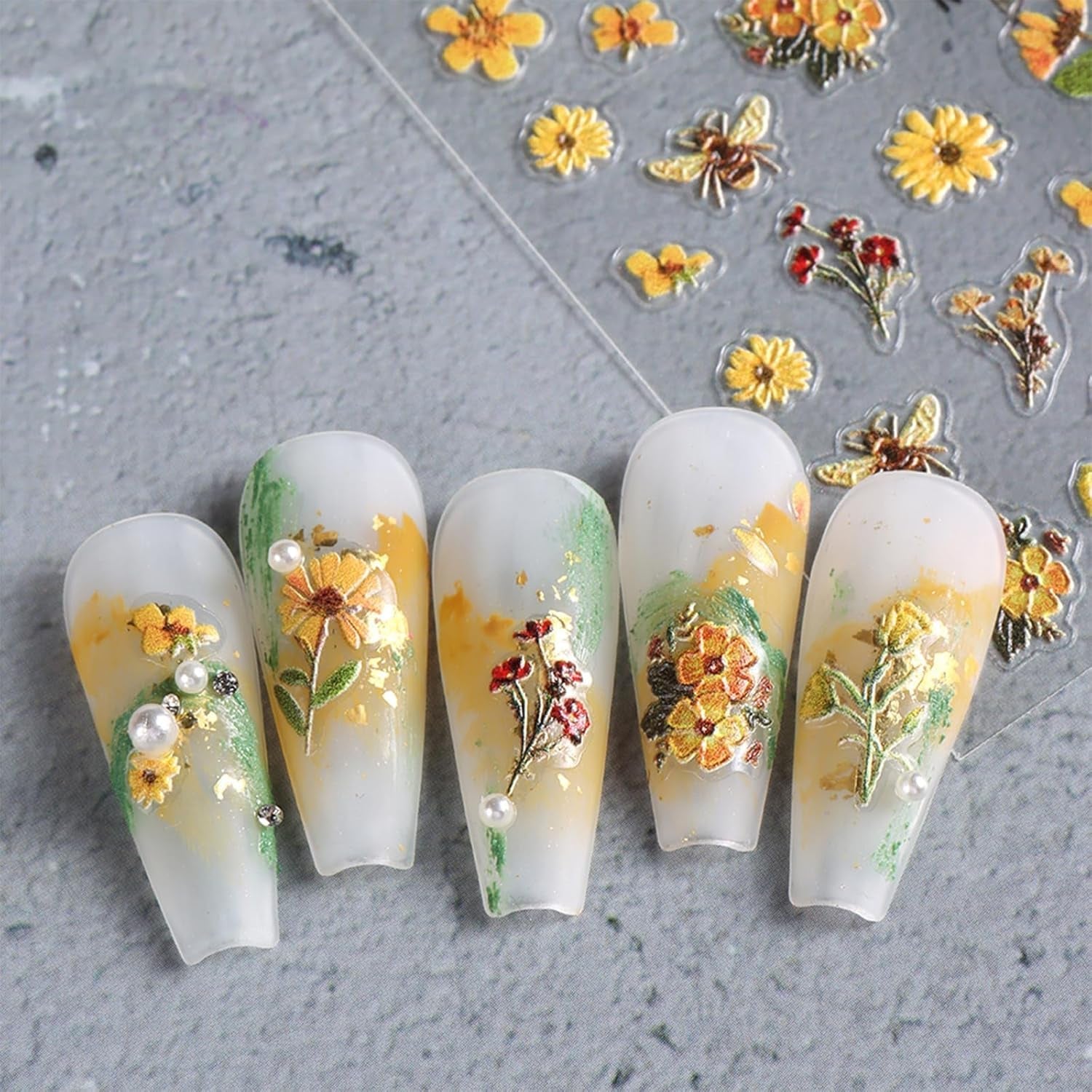 3 Stück Nagelsticker Set-Zelfklevende Nagelfolie Met Blumen- en Bienenmotifen-Nail Art Sticker Für Kreatives Nageldesign-Nageltattoos en Zubehör