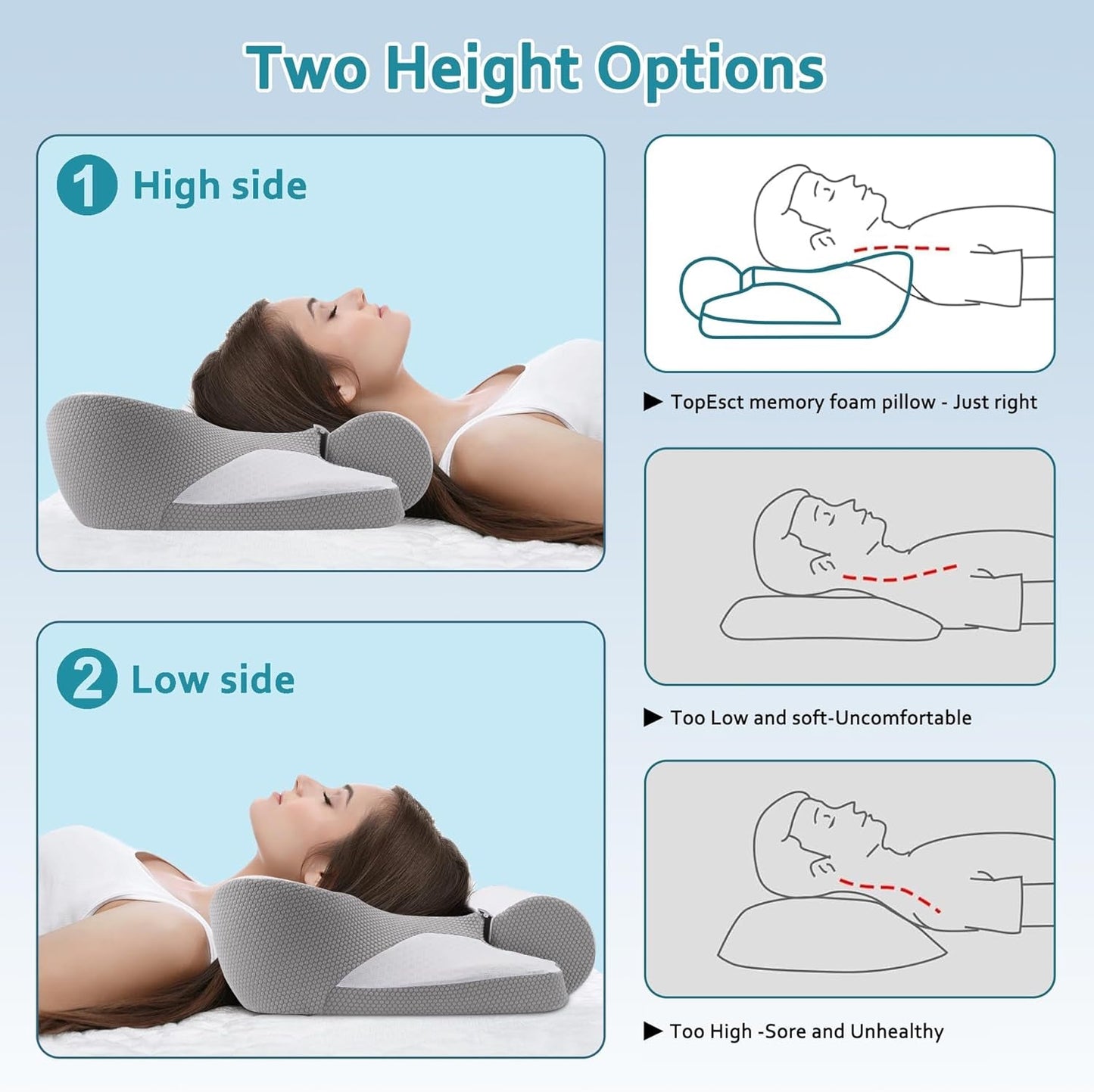 TopEsct Memory Foam Kussen, Zijslaper Kussen, Nekkussen, Hoofdkussen voor Zij- en Rugslapers (Grijs)