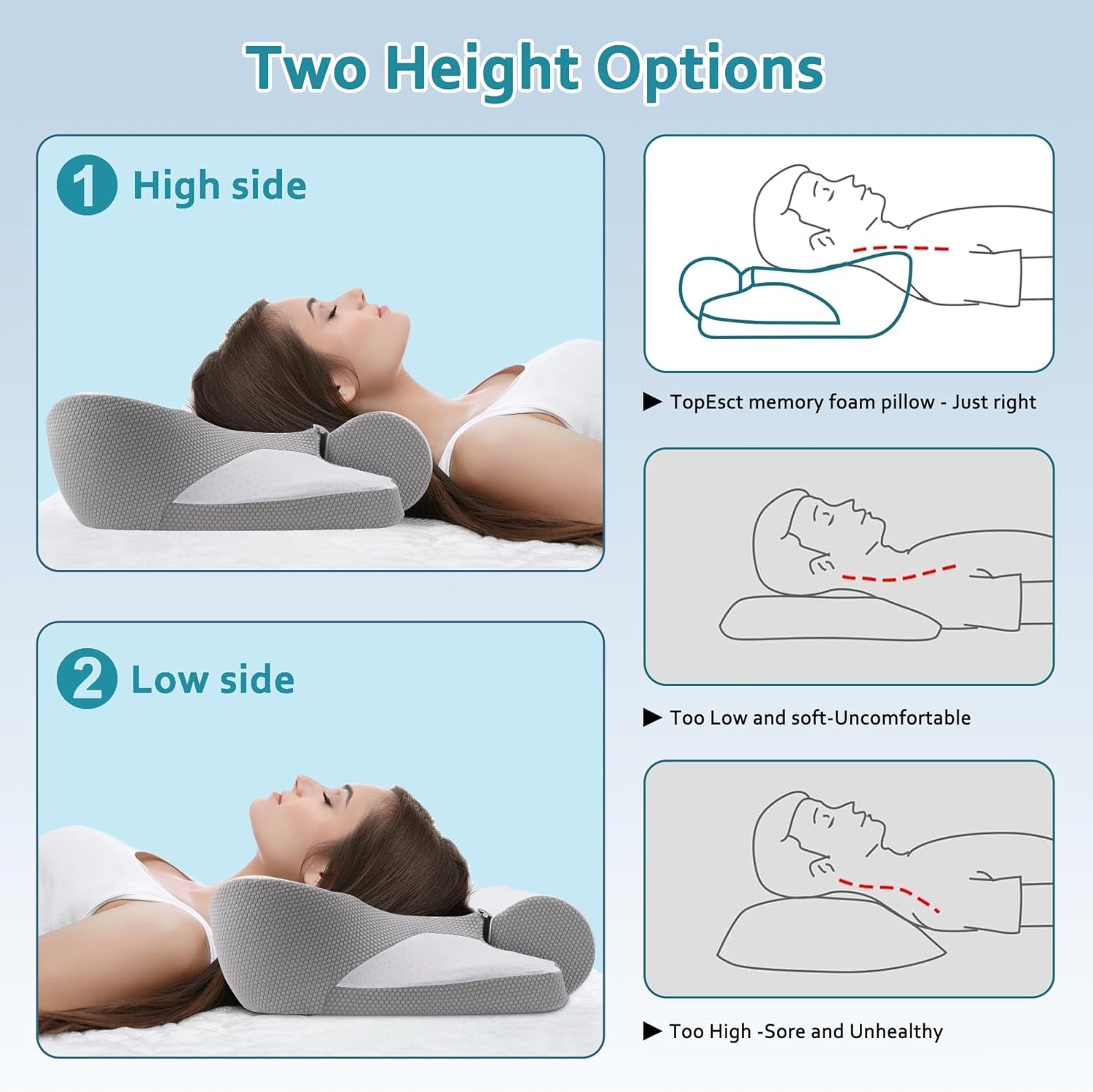 TopEsct Memory Foam Kussen, Zijslaper Kussen, Nekkussen, Hoofdkussen voor Zij- en Rugslapers (Grijs)