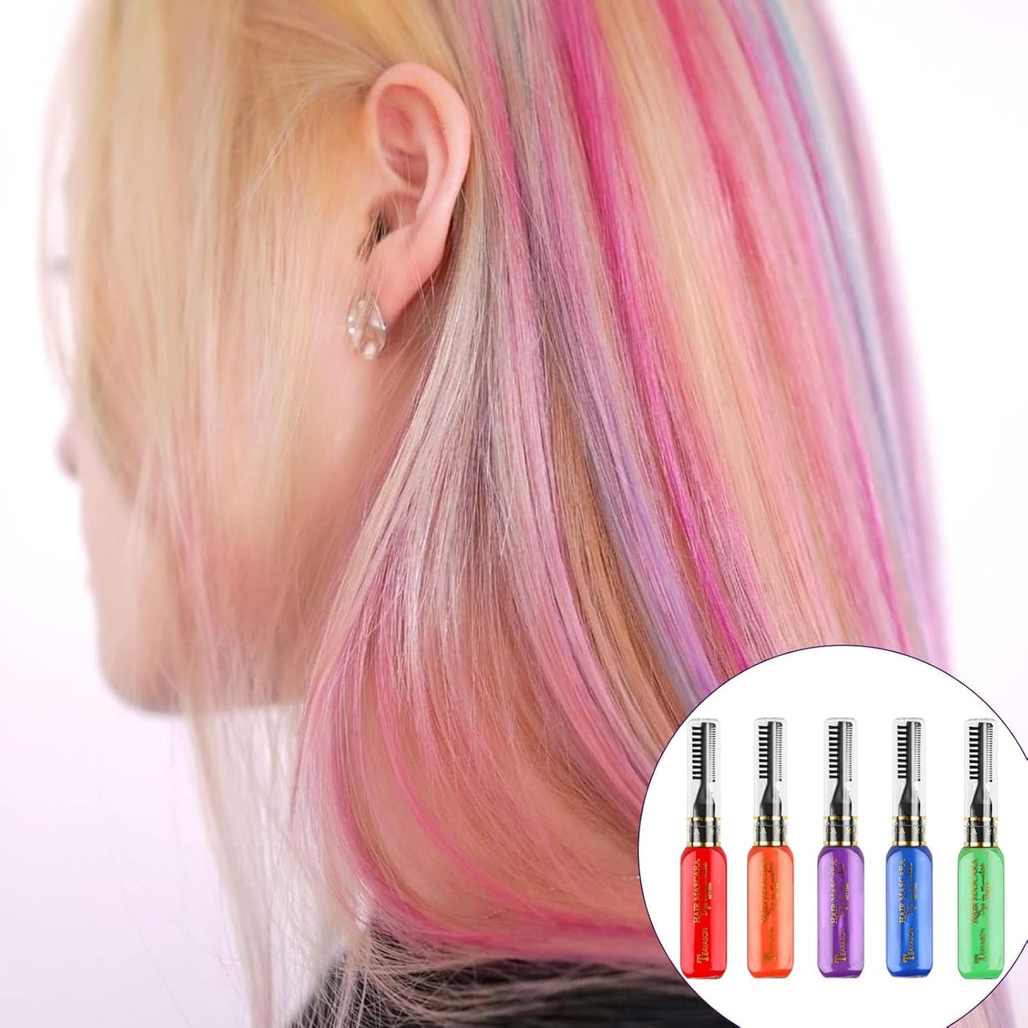 5 kleuren Tijdelijke haarverf Gekleurde haarwas Haarmascara Tijdelijke haarverfmascara voor meisjes en vrouwen Wasbaar haarverfkrijt Geschikt voor verjaardagen Cosplay DIY Halloween haarverf Naty Shop