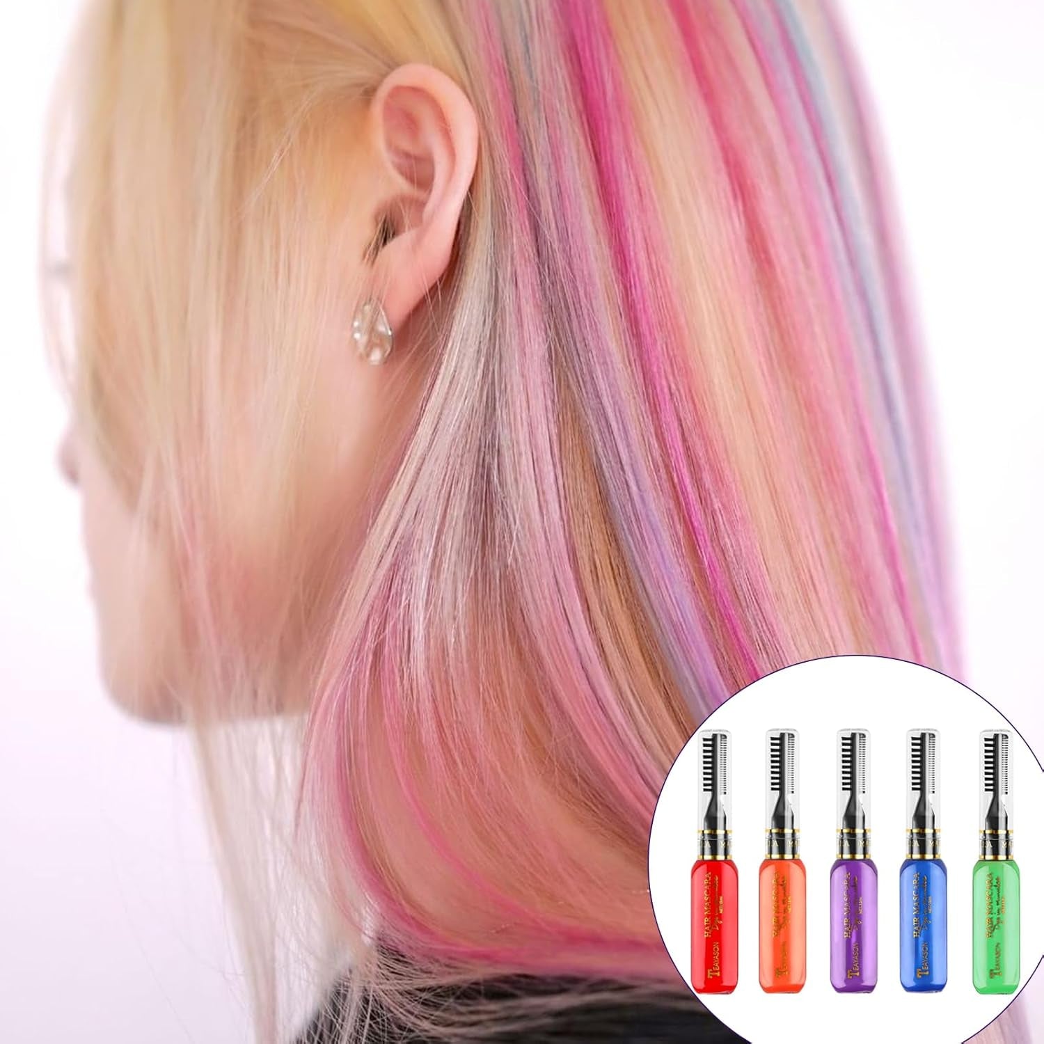 5 kleuren Tijdelijke haarverf Gekleurde haarwas Haarmascara Tijdelijke haarverfmascara voor meisjes en vrouwen Wasbaar haarverfkrijt Geschikt voor verjaardagen Cosplay DIY Halloween haarverf Naty Shop