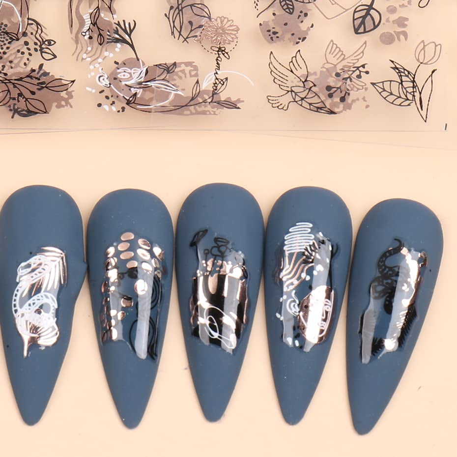 JMEOWIO Nagelsticker Rose Gold Schwarze Blume 12 Blatt Nail Art Sticker Selbstklebend Nagelaufkleber Frühlings Linie Abstracts Blatt Decoratie Nageldesign Zubehör