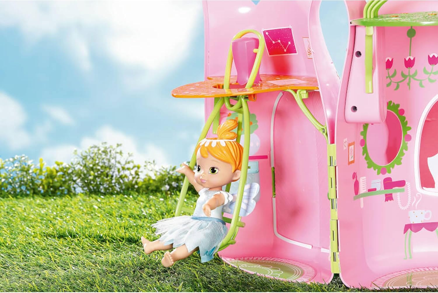 BABY Born Storybook Cottage, opvouwbaar poppenhuis voor poppen van 18 cm met tafel, open haard, chaise longue en telescoop, roze groen, 833803 Zapf Creation Poppenhuizen Naty Shop