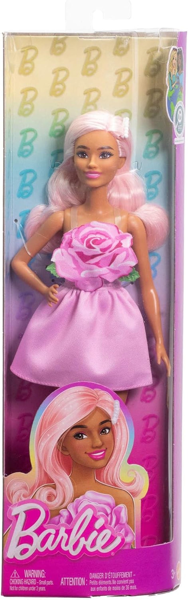 Barbie Fashionistas pop nr. 238 met pastelroze haar, strapless jurk met roze lijfje, parel haarclip en hoge hakken en haarspeldjes, HYT94