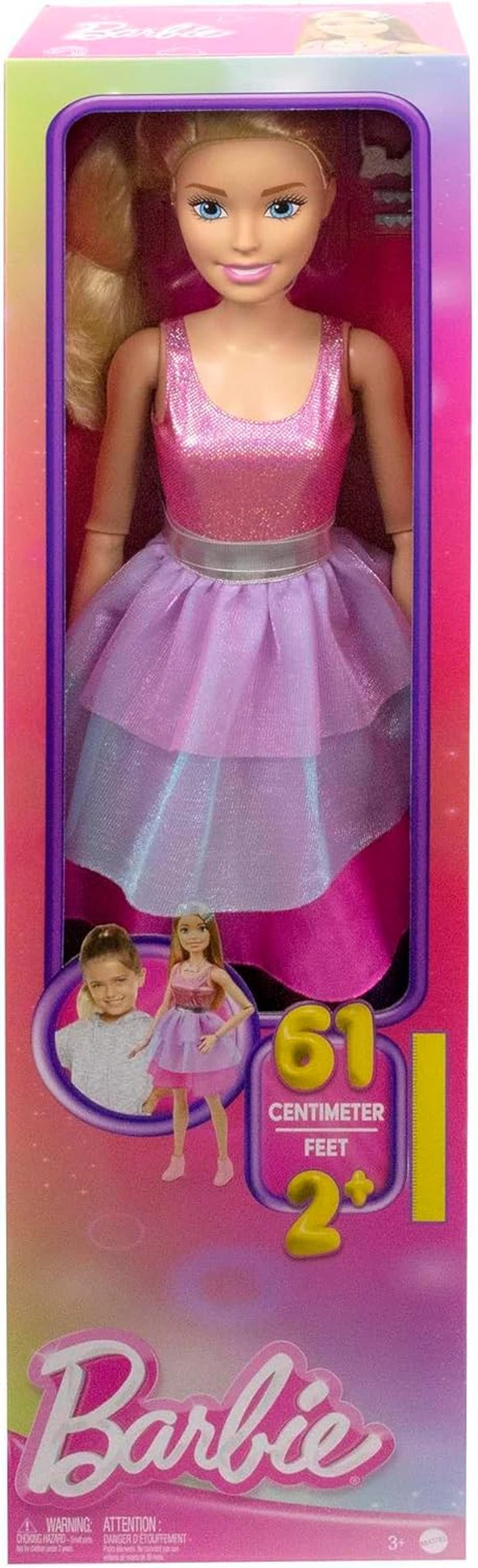 Barbie extra grote pop (71 cm) - roze jurk, blond haar met clip en ketting, cadeau voor 3 jaar en ouder, HJY02