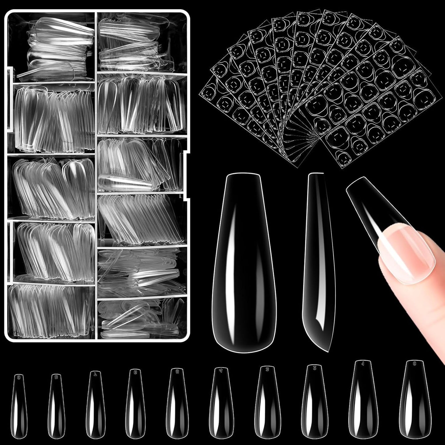 Alyvisun Ballet nageltips, 500 stuks volledig dekkende acryl nageltips met 240 stuks nagelstickers set, 10 maten transparante gelnageltips Zachte gelnageltips Ballerina nageltips