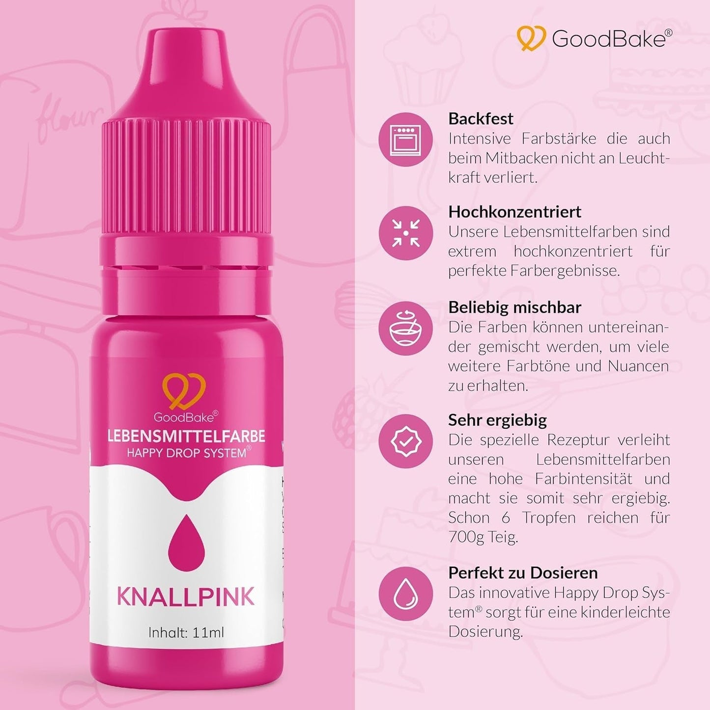 Goodbake roze kleurstof (11 ml) - Intense kleurstof - Zeer geconcentreerde kleur - Voor het kleuren van taarten, fondant, botercrème, drankjes, slijm en vele andere artikelen. 100% veganistisch