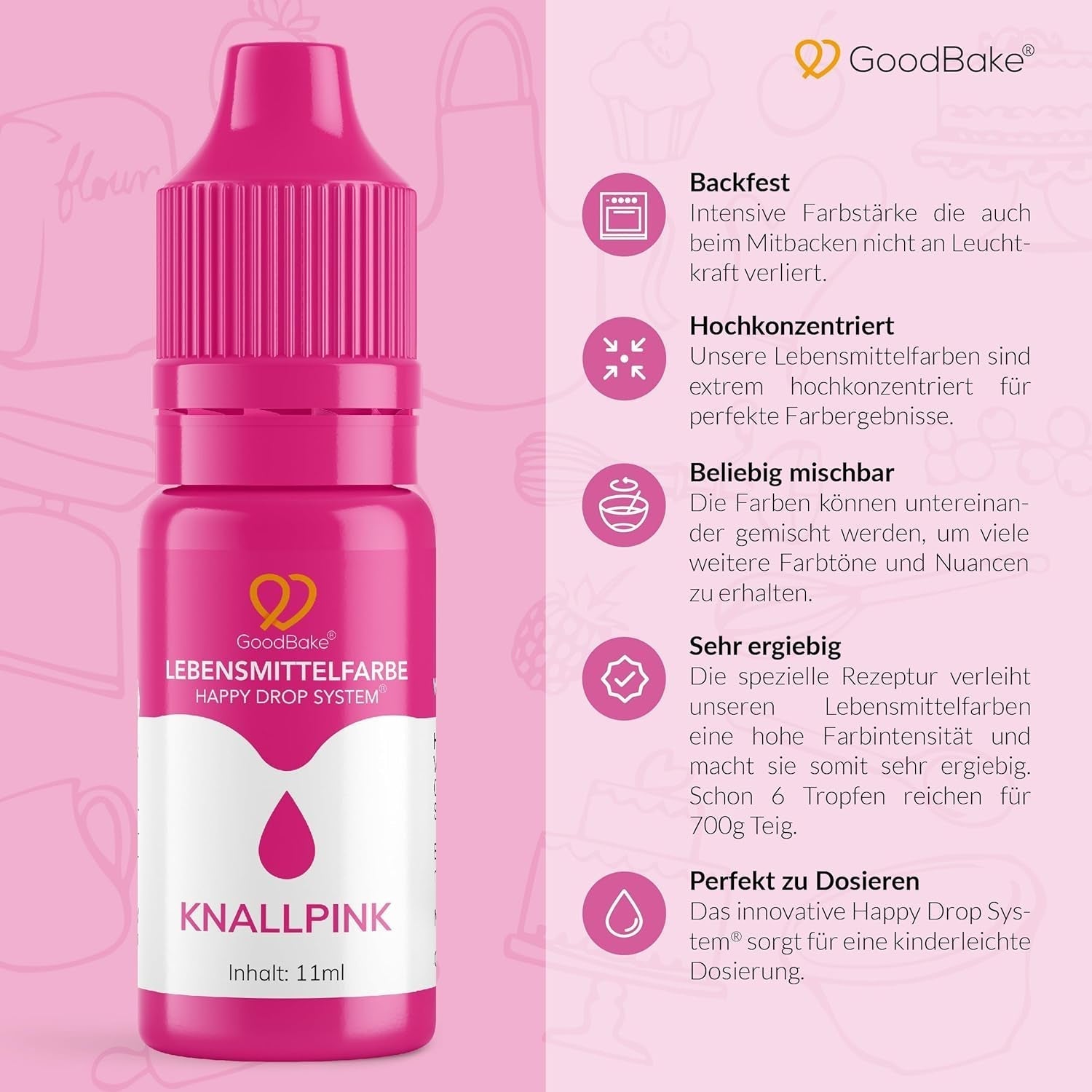 Goodbake roze kleurstof (11 ml) - Intense kleurstof - Zeer geconcentreerde kleur - Voor het kleuren van taarten, fondant, botercrème, drankjes, slijm en vele andere artikelen. 100% veganistisch