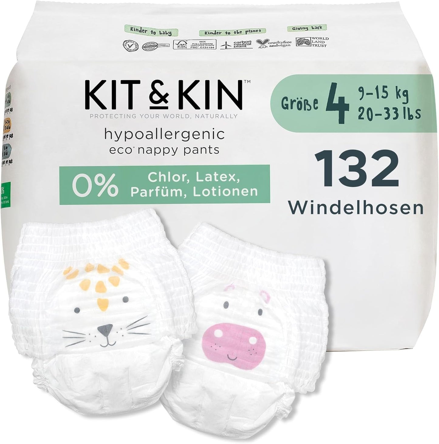 Kit & Kin Premium Eco-luiers, maat 4 (9-16 kg), 132 luiers, plantaardig en hypoallergeen, betrouwbare lekbescherming, veganistisch en dierproefvrij