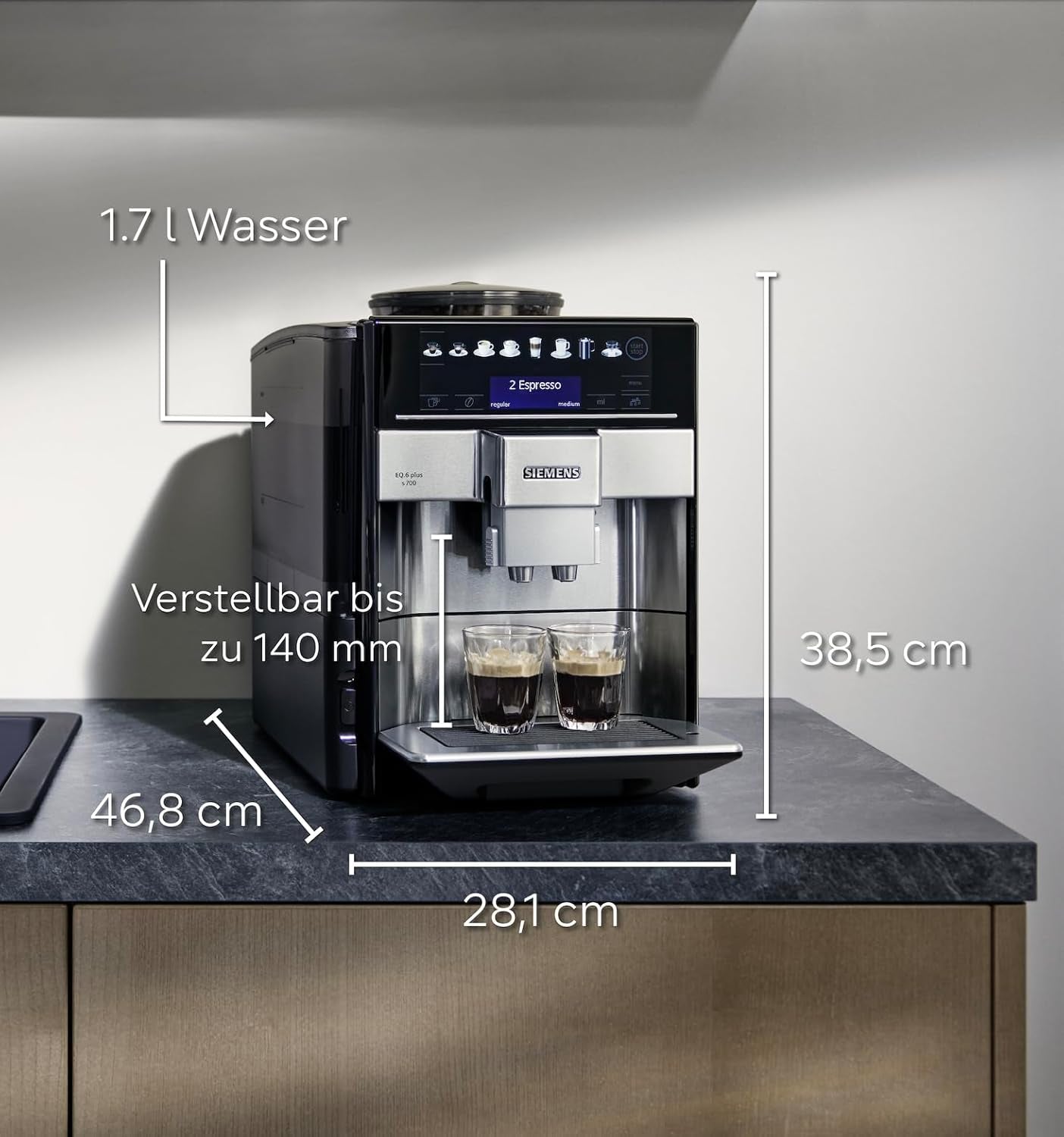 Automatische espressomachine Siemens EQ.6 plus s700 TE657503DE, voor vele koffiespecialiteiten, melkopschuimer, keramische molen, dubbele koffiefunctie, antikalk, automatische stoomreiniging, 1500 W, RVS