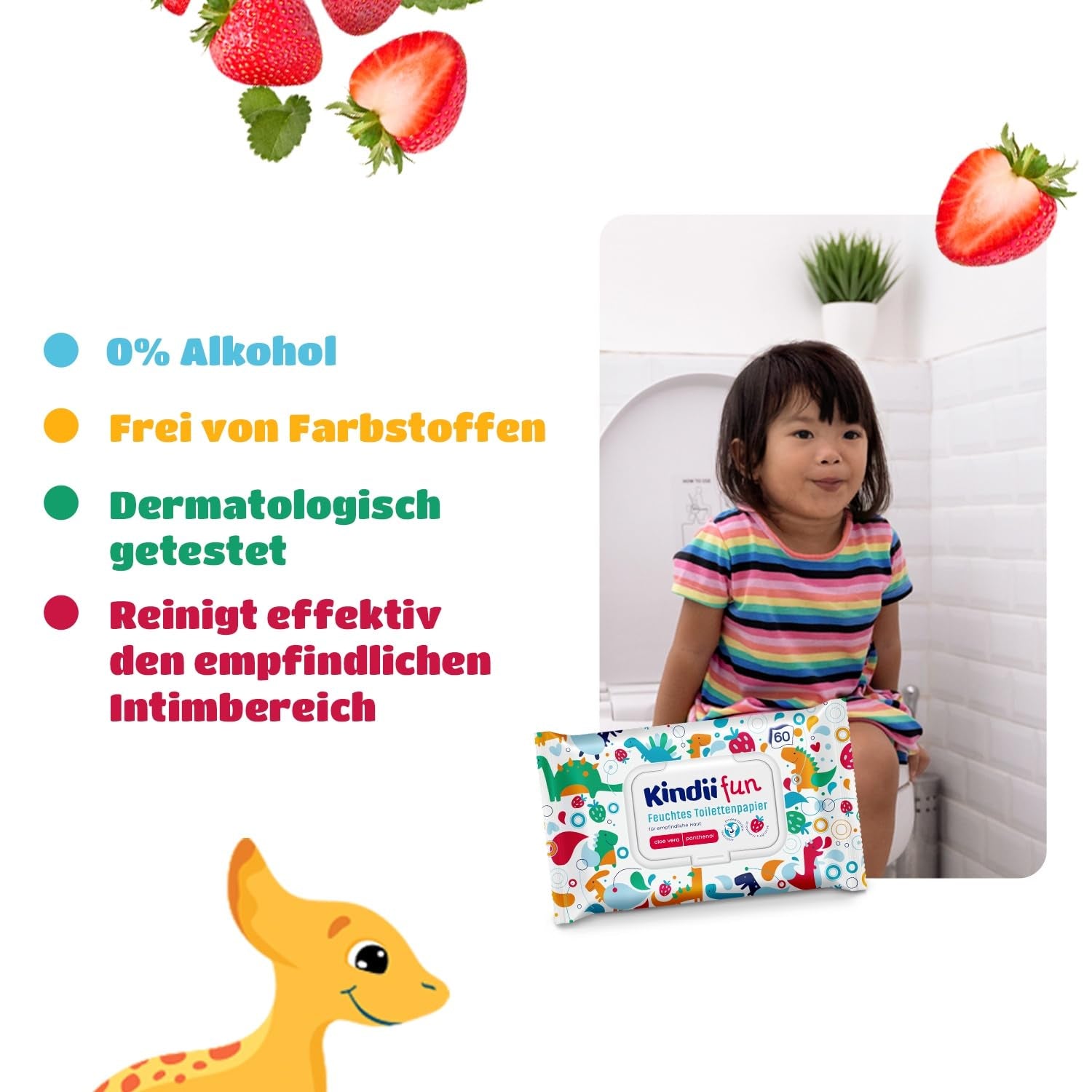 Kindii Fun Nat Toiletpapier - (10X60 stuks) Nat Toiletpapier - Kamille, Aloë Vera, Ph-neutraal, Watervast, Verfrist de intieme zone - 600 stuks
