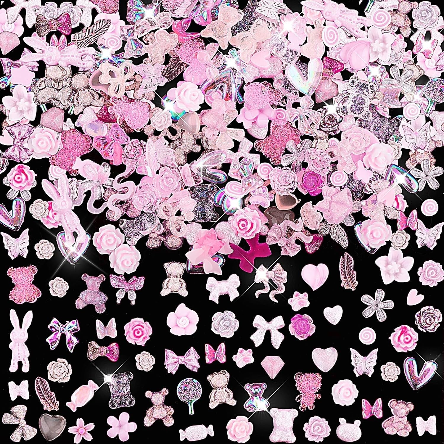 200 Stuks Nail Art Charms 3D Nail Art Decoratieset Strik Nagelhanger Roze Gemengde Stijl Strik Bloem Teddybeer Lolly Hartvorm Nail Art Decoratie DIY Ambachtelijke Nageldesign