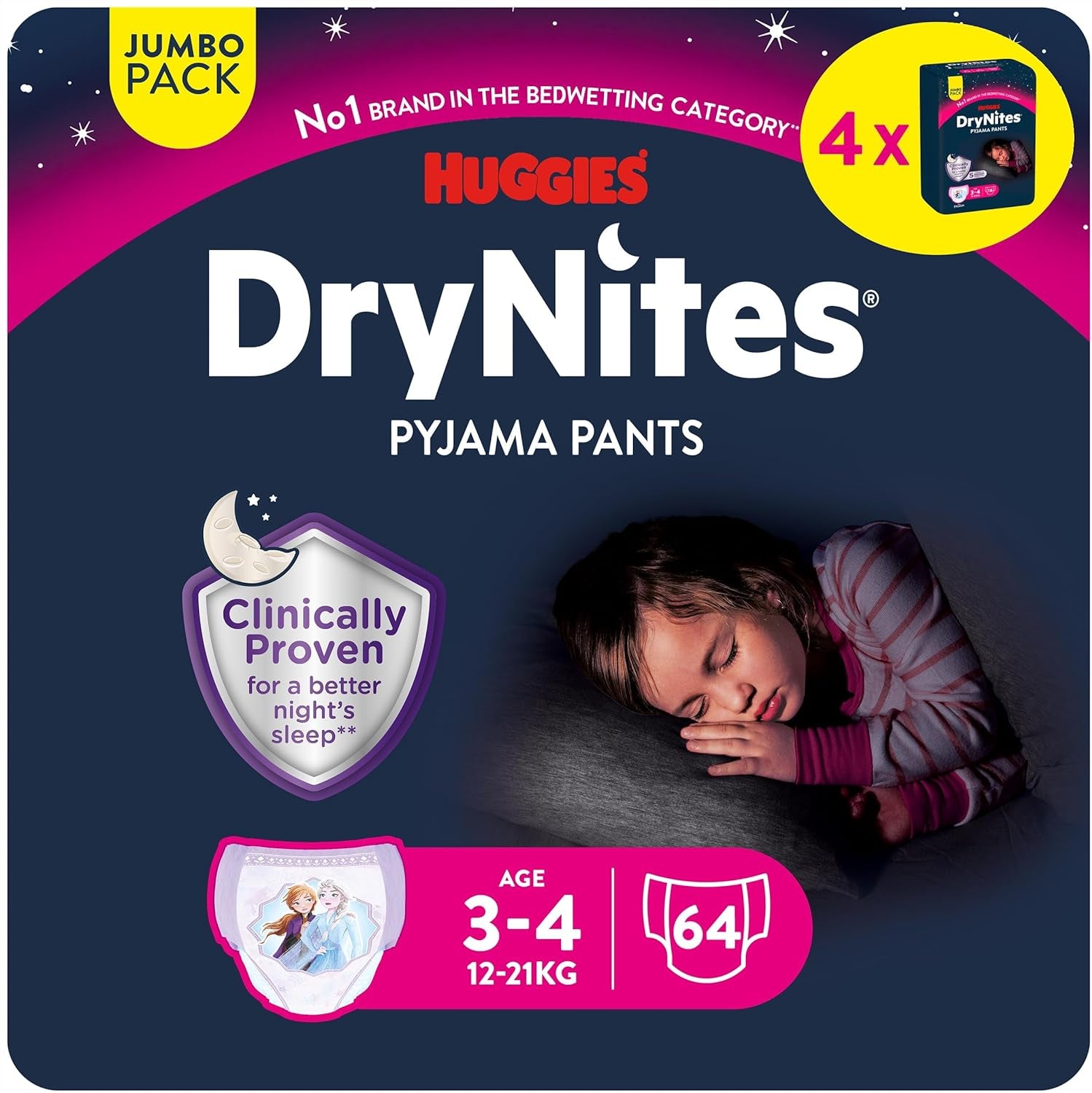 Huggies DryNites superabsorberende nachtluiers voor meisjes 3-4 jaar (12-21 kg) 4 x 16 stuks (totaal 64 stuks) Maandelijks pantypakket
