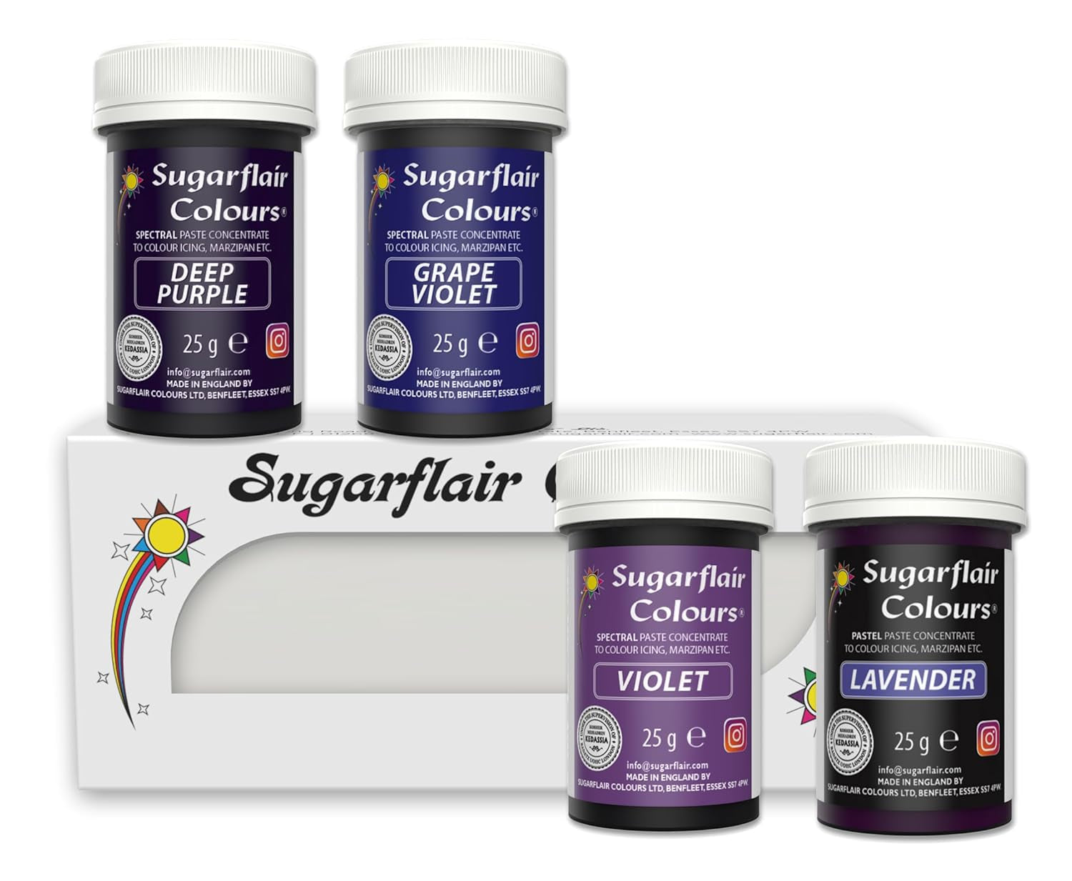 Sugarflair Pasta Kleurstof Paars Set van 4 Pasta Kleurstof Fondant Marsepein Suikerpasta Botercrème en meer: ​​Paars, Lavendel, Druifpaars, Dieppaars - Set van 4