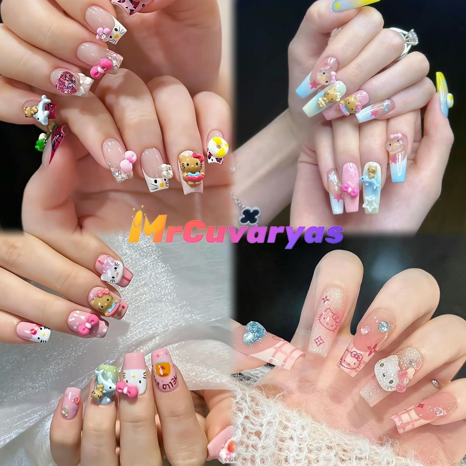 3D kattennagelstickers, nagelglitter, pailletten, harsnagelstickers, nageledelstenen, diamanten voor nagelkunst, inclusief strass nagelwasstick (kleurrijke kat)